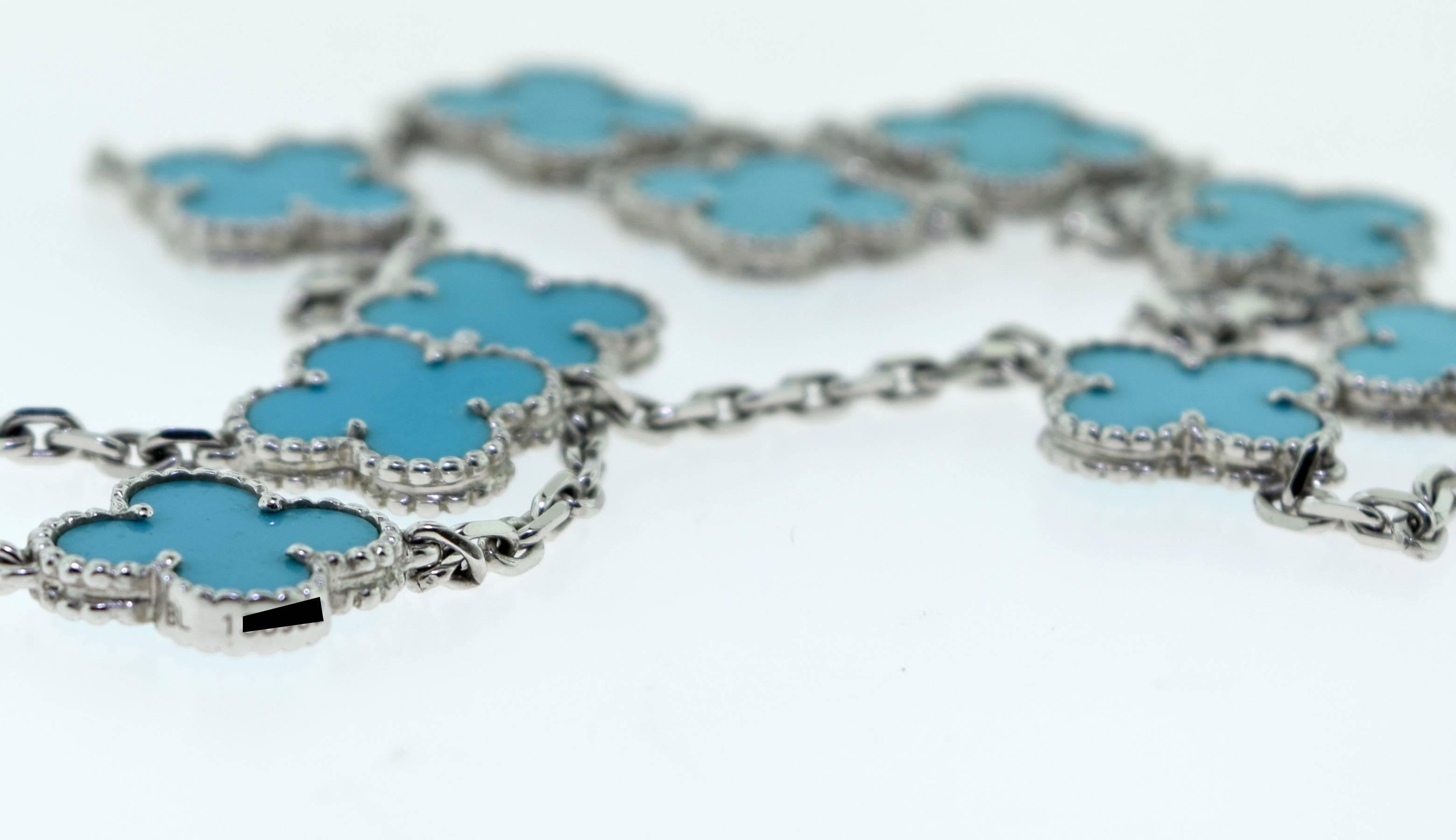 Two Van Cleef & Arpels 10 motif Turquoise Vintage Alhambra Necklace In Excellent Condition For Sale In Miami, FL
