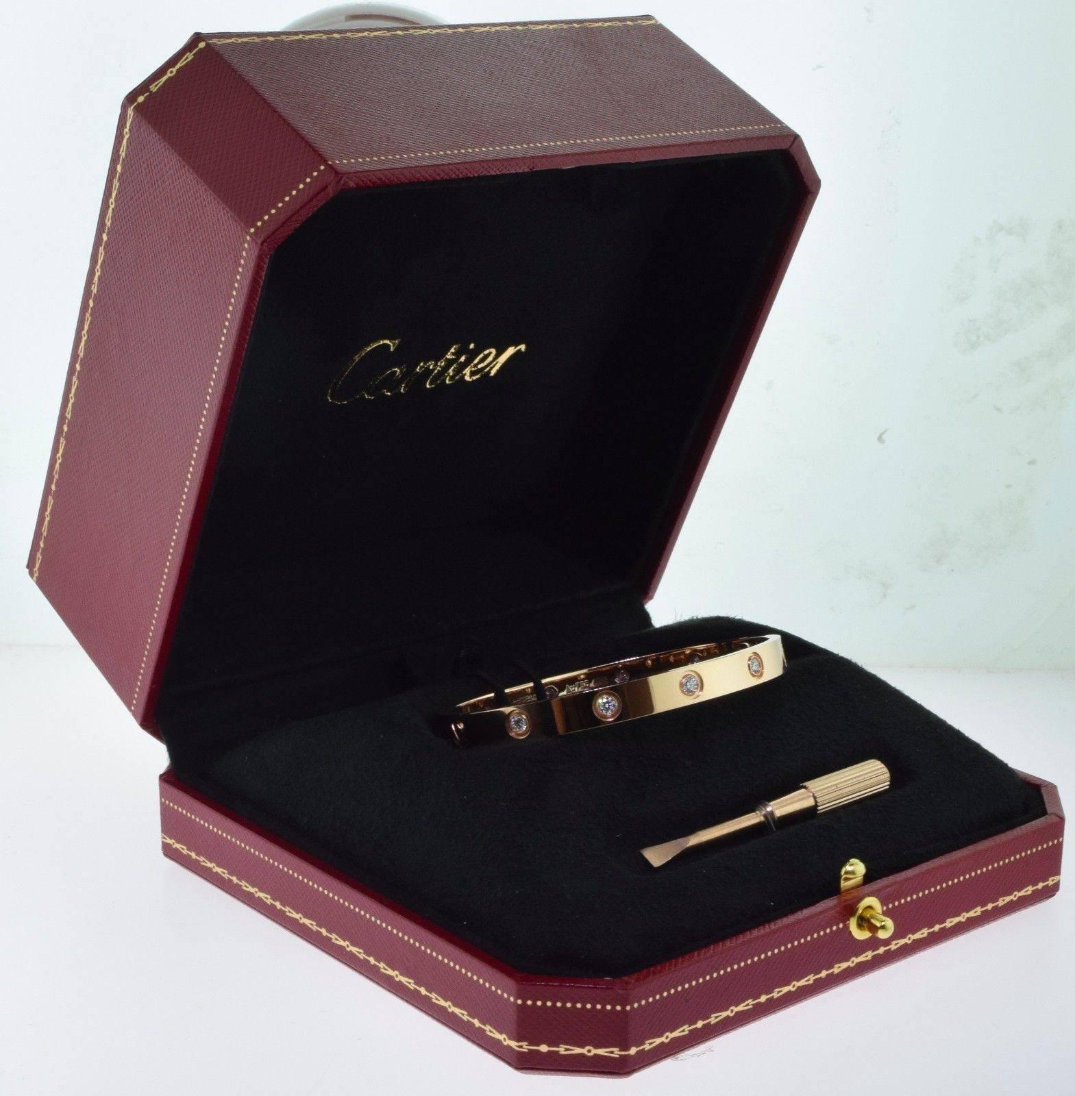 Designer: Cartier
Collection: LOVE
Condition: BRAND NEW
Size: 17
Metal: Rose Gold
Metal Purity: 17k
Stones: 10 Round Brilliant Cut Diamonds
Screw: New Screw
Total Item Weight (grams): 19.5
Includes: Box & Screwdriver
Hallmark: Cartier,