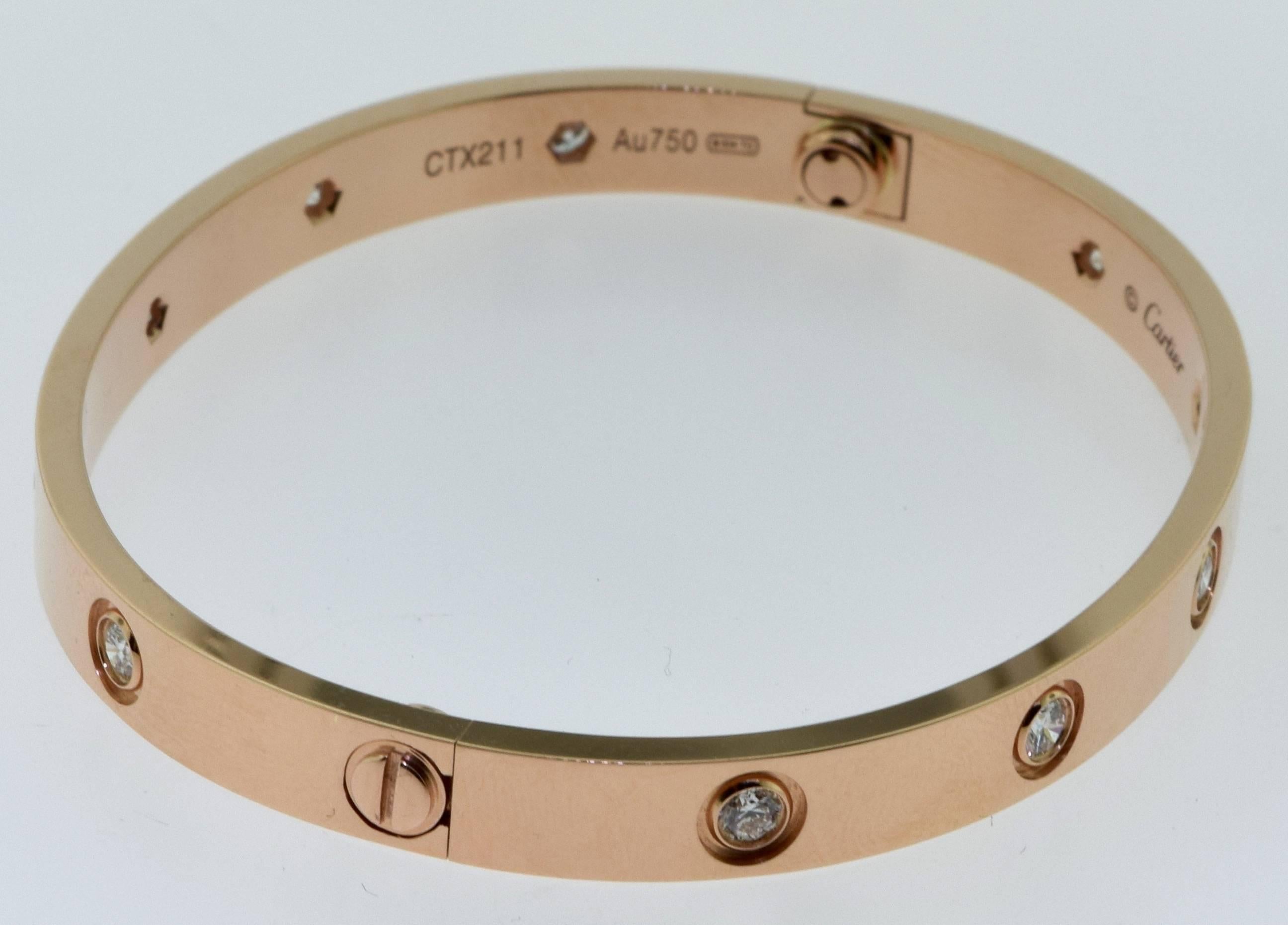 Women's or Men's Cartier Rose Gold 10 Diamonds LOVE Bracelet Size 17 For Sale