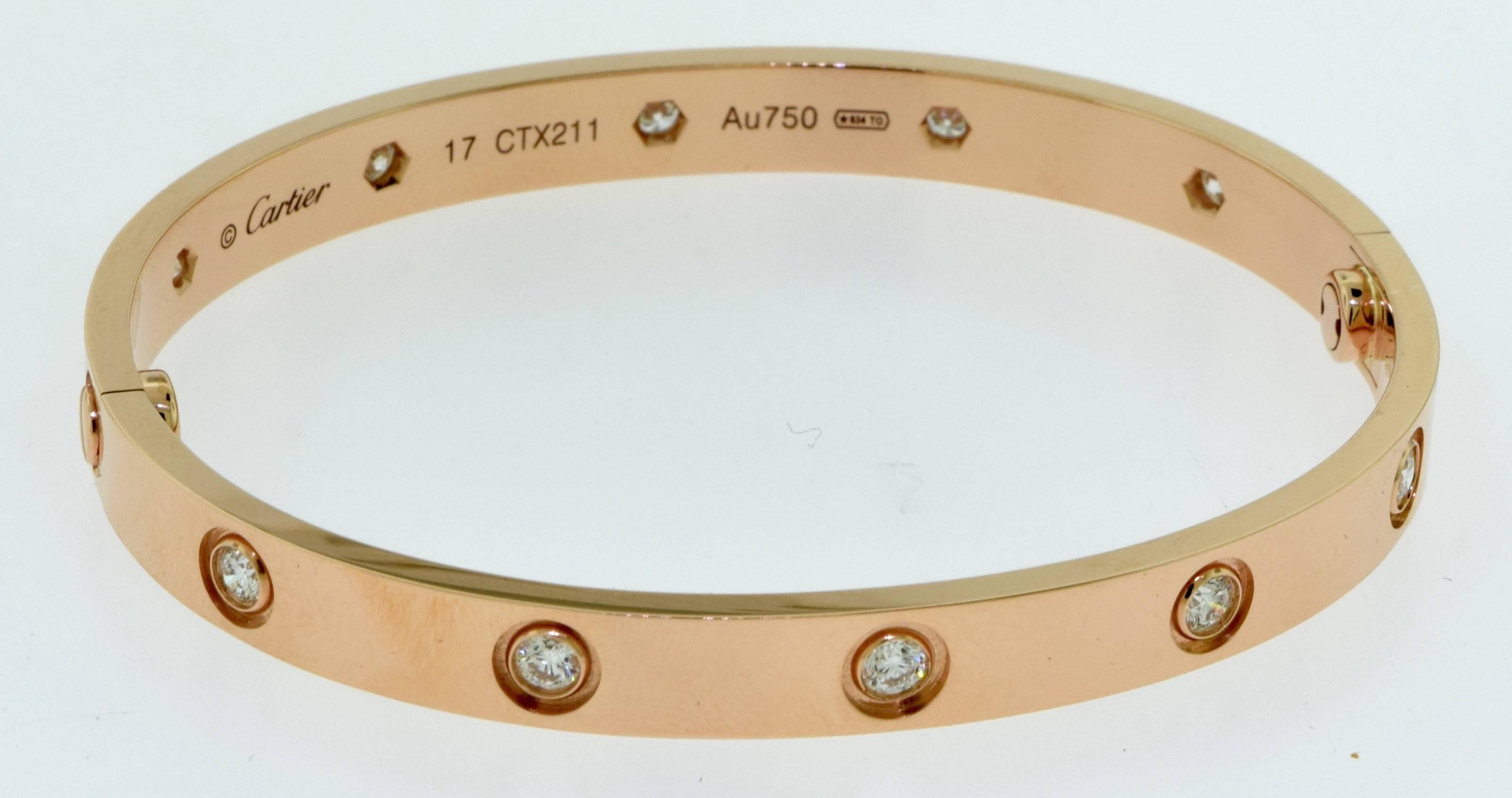 Cartier Rose Gold 10 Diamonds LOVE Bracelet Size 17 For Sale 1