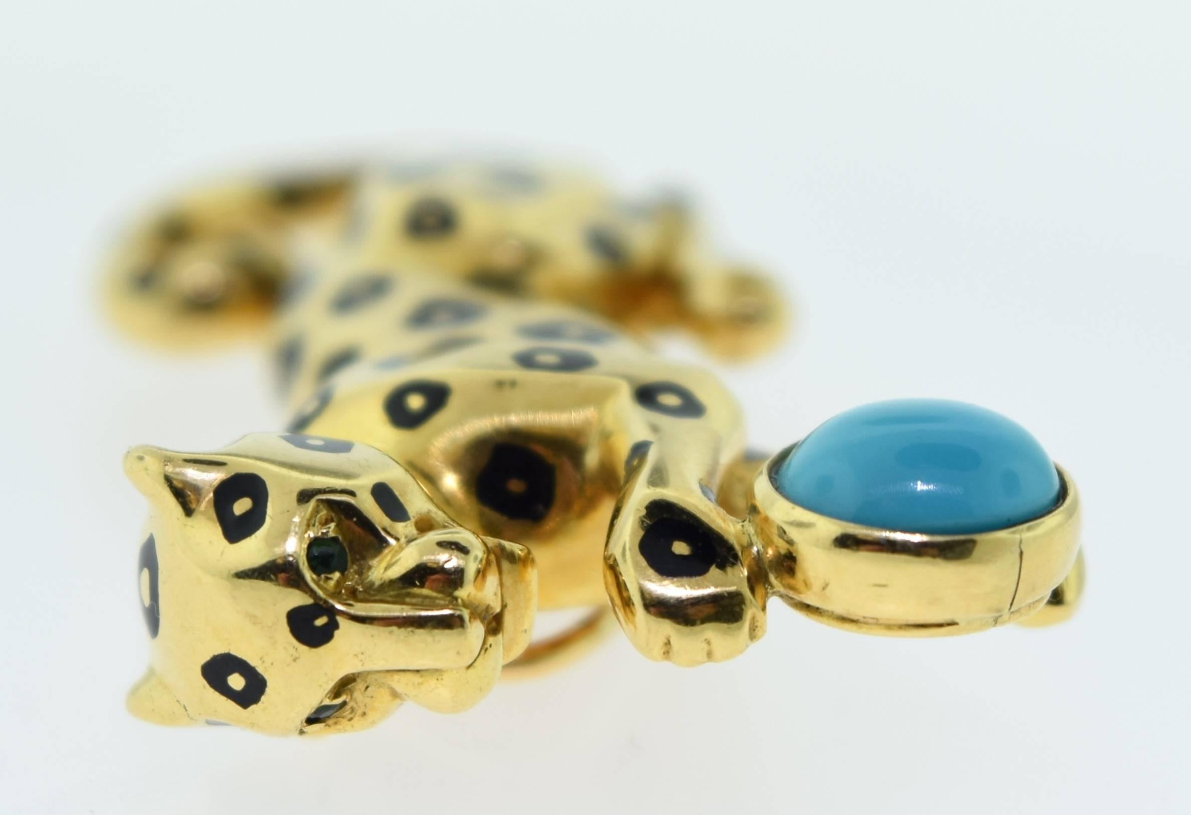 Cartier Yellow Gold Panther Pin with Turquoise and Black Enamel In Excellent Condition For Sale In Miami, FL