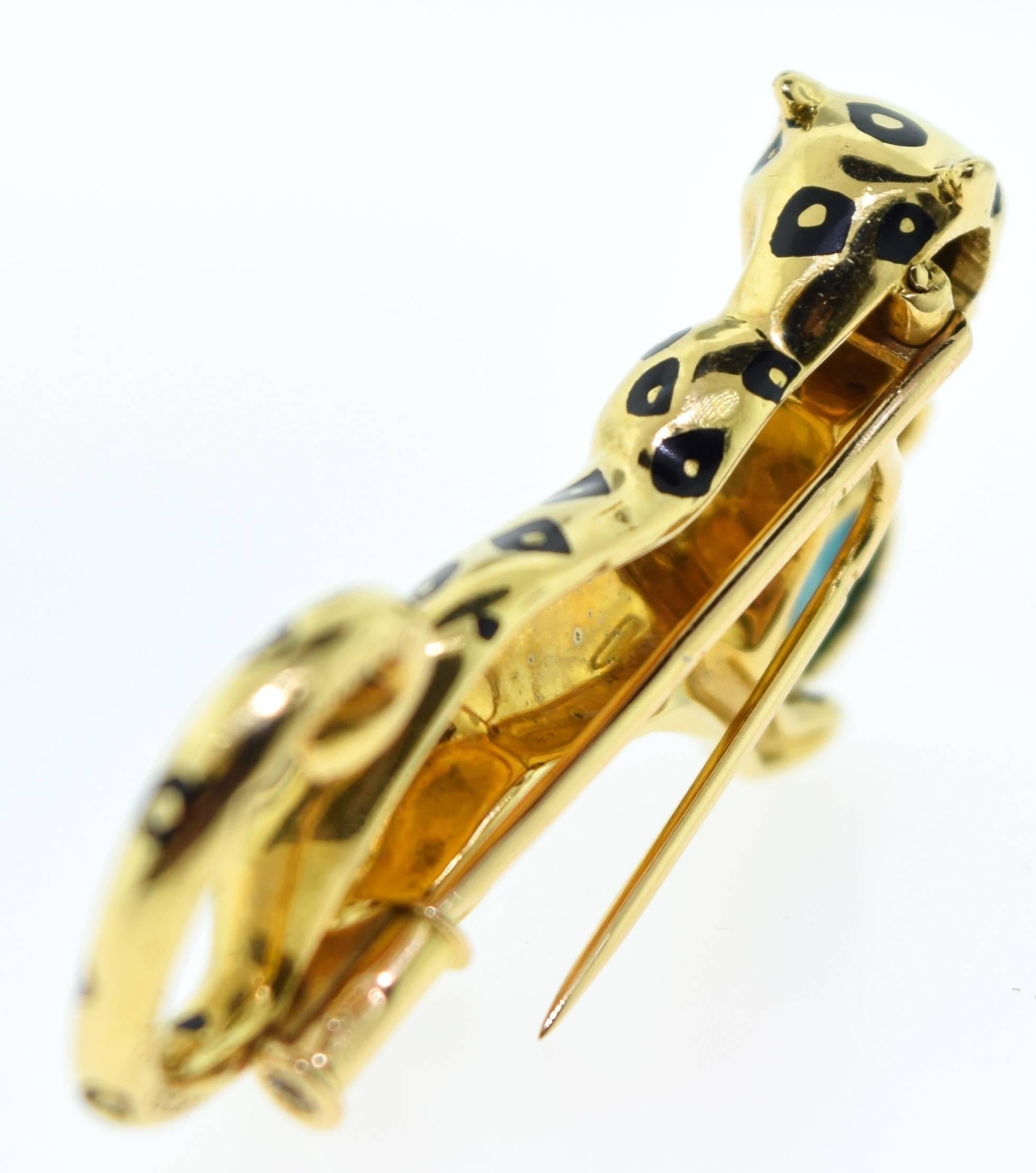 Women's or Men's Cartier Yellow Gold Panther Pin with Turquoise and Black Enamel For Sale