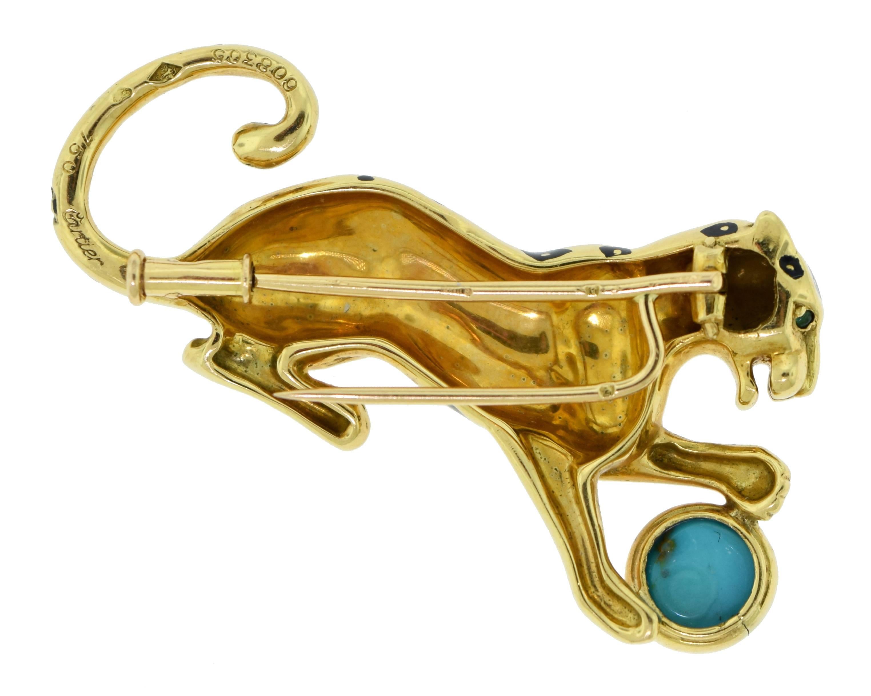 Cartier Yellow Gold Panther Pin with Turquoise and Black Enamel For Sale 1