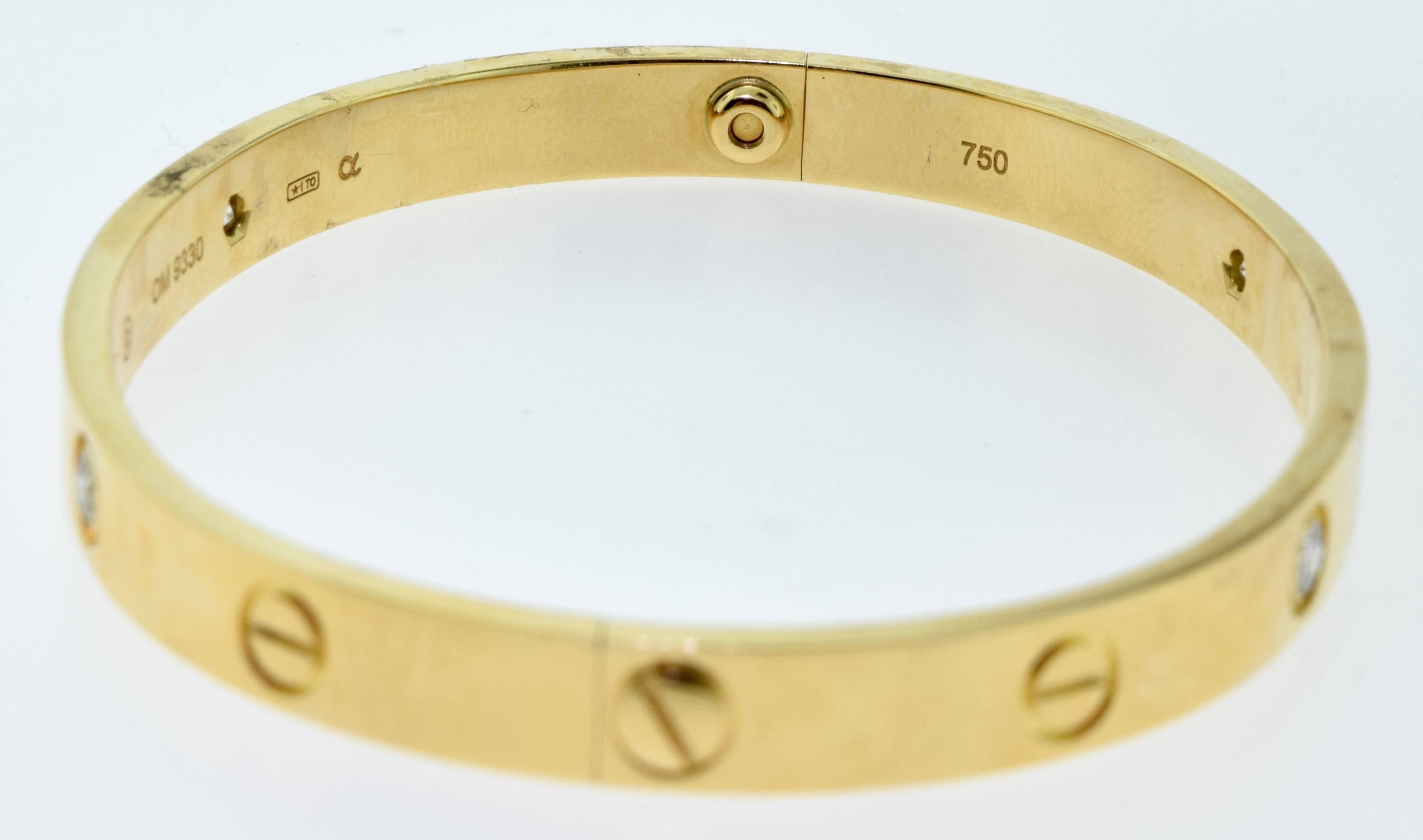 Cartier Yellow Gold Love Bracelet 4 Diamonds Size 18 In Excellent Condition For Sale In Miami, FL