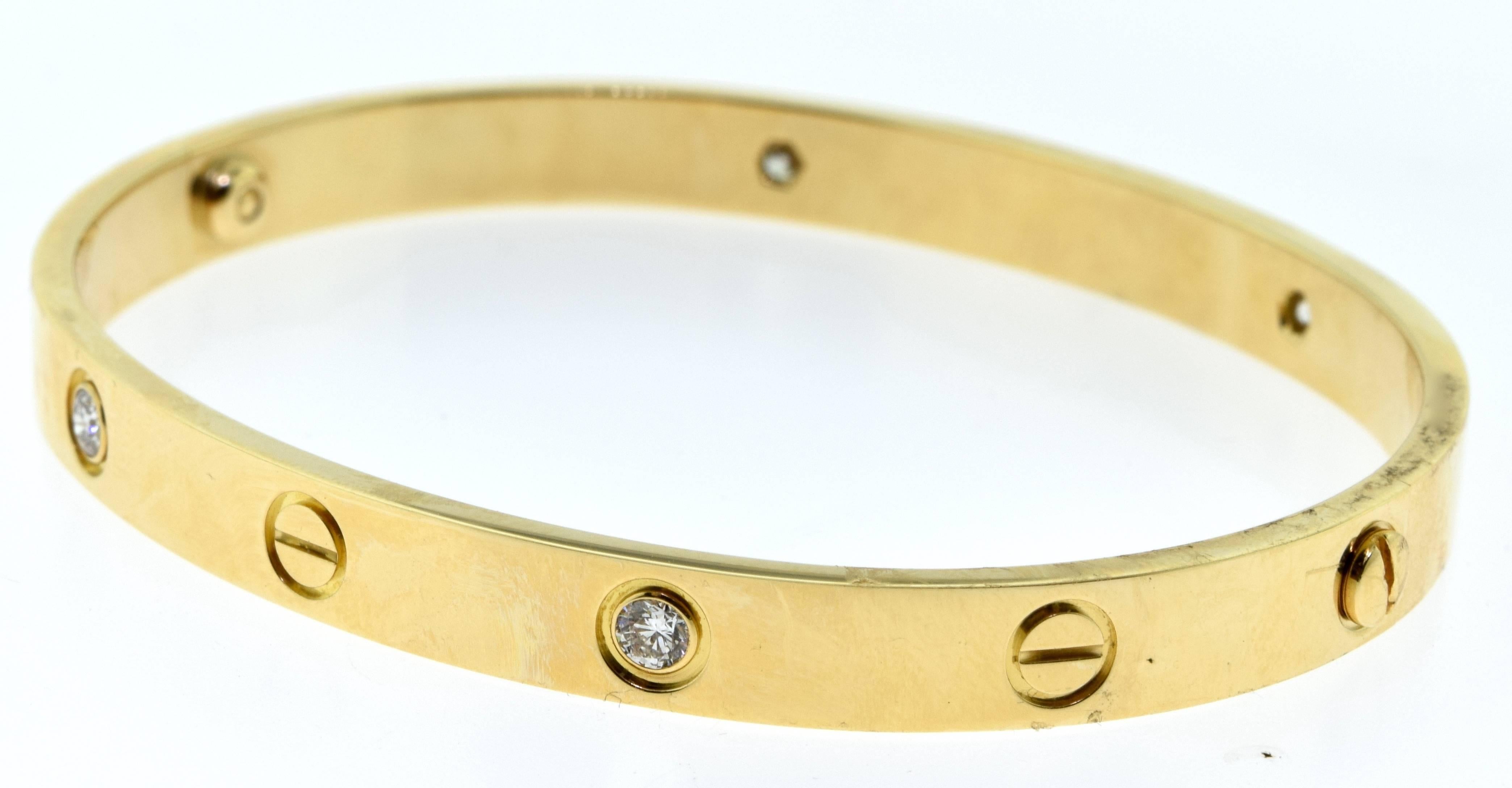 Women's or Men's Cartier Yellow Gold Love Bracelet 4 Diamonds Size 18 For Sale