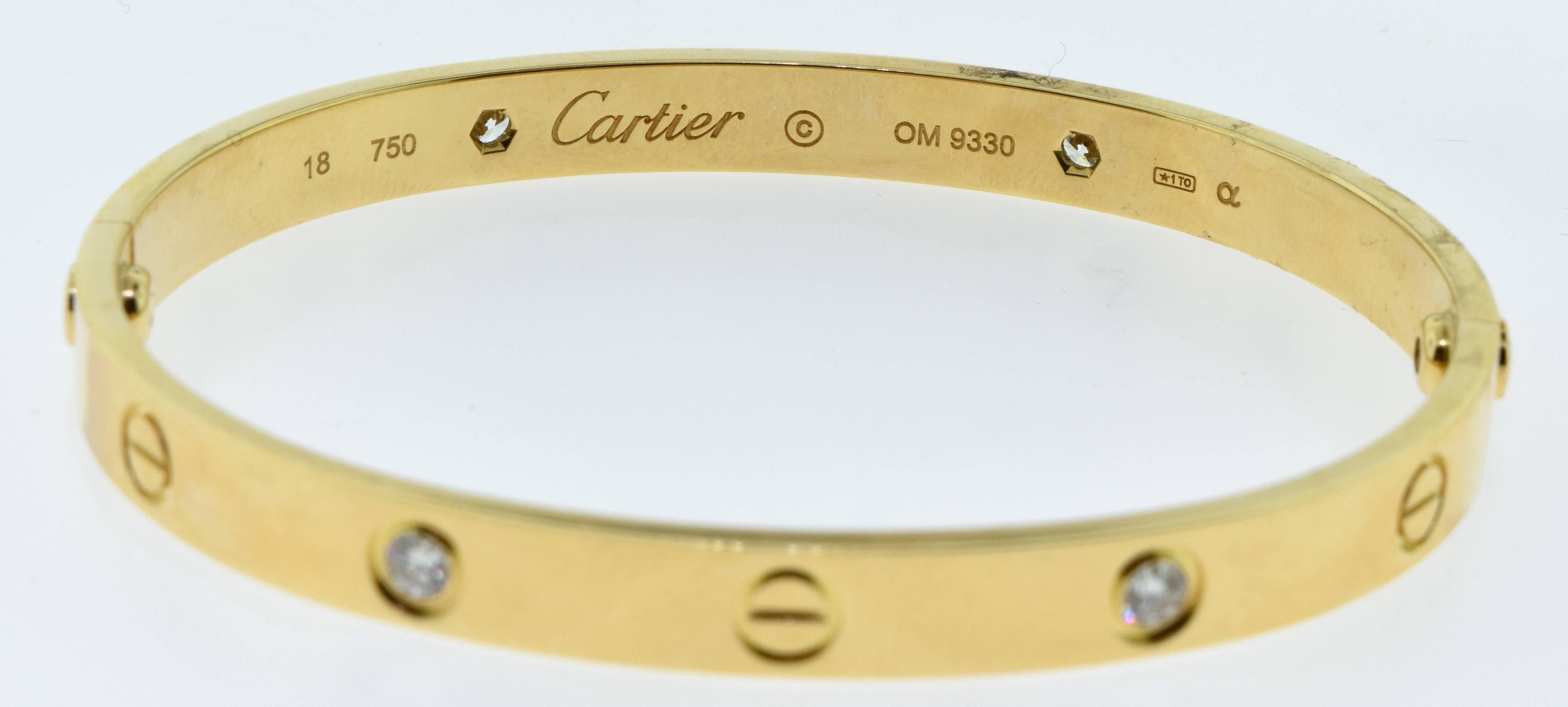 Cartier Yellow Gold Love Bracelet 4 Diamonds Size 18 For Sale 1