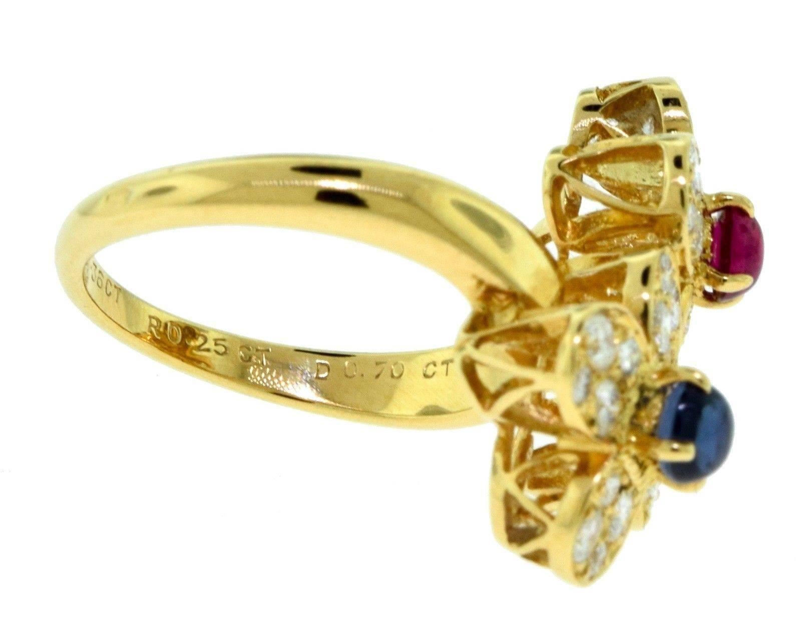 Van Cleef & Arpels Trefle Diamond Flower Ring with Ruby and Sapphire For Sale 1