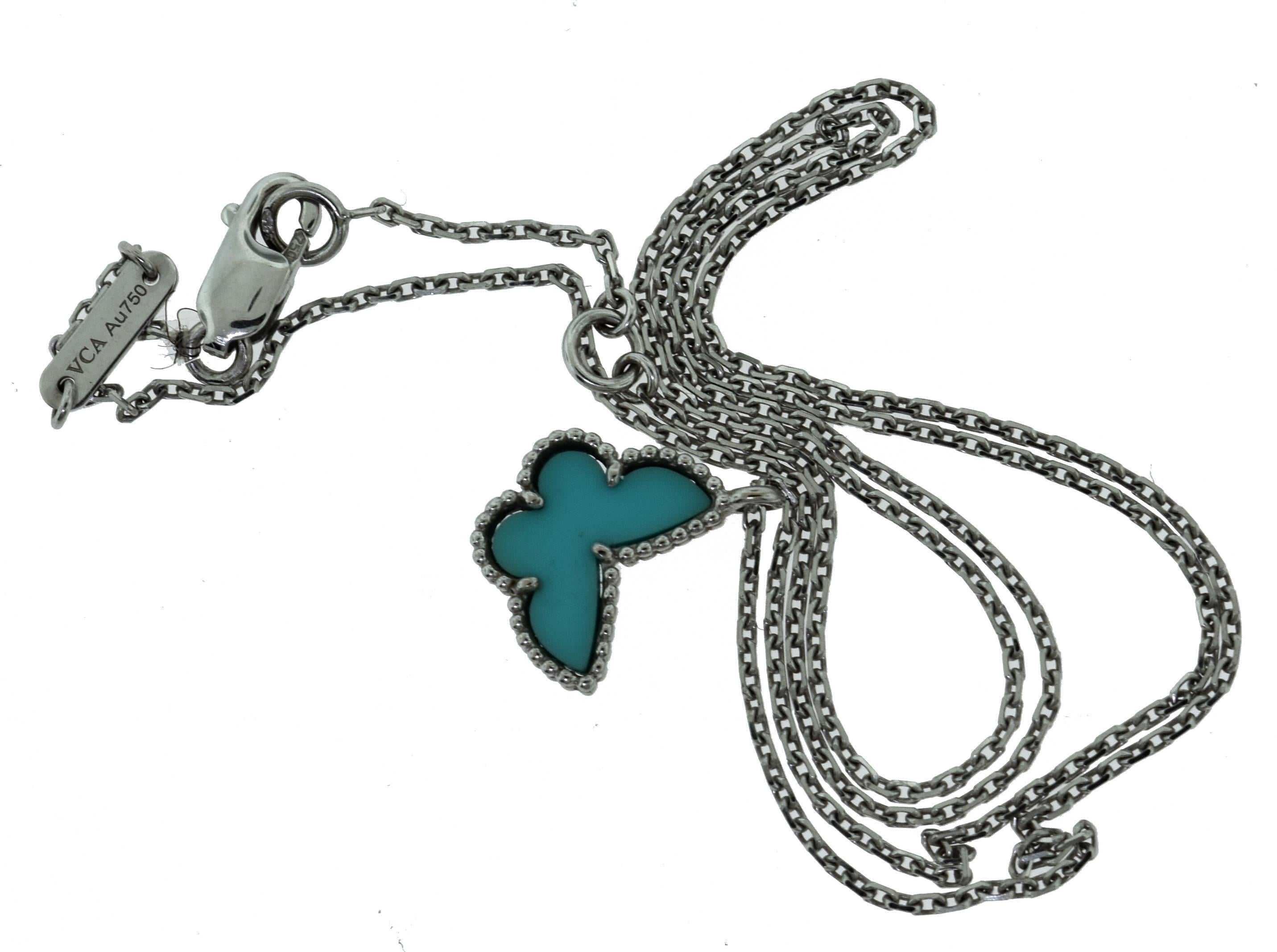 Van Cleef & Arpels Sweet Alhambra Turquoise Butterfly Pendant, 18k White Gold In Excellent Condition In Miami, FL