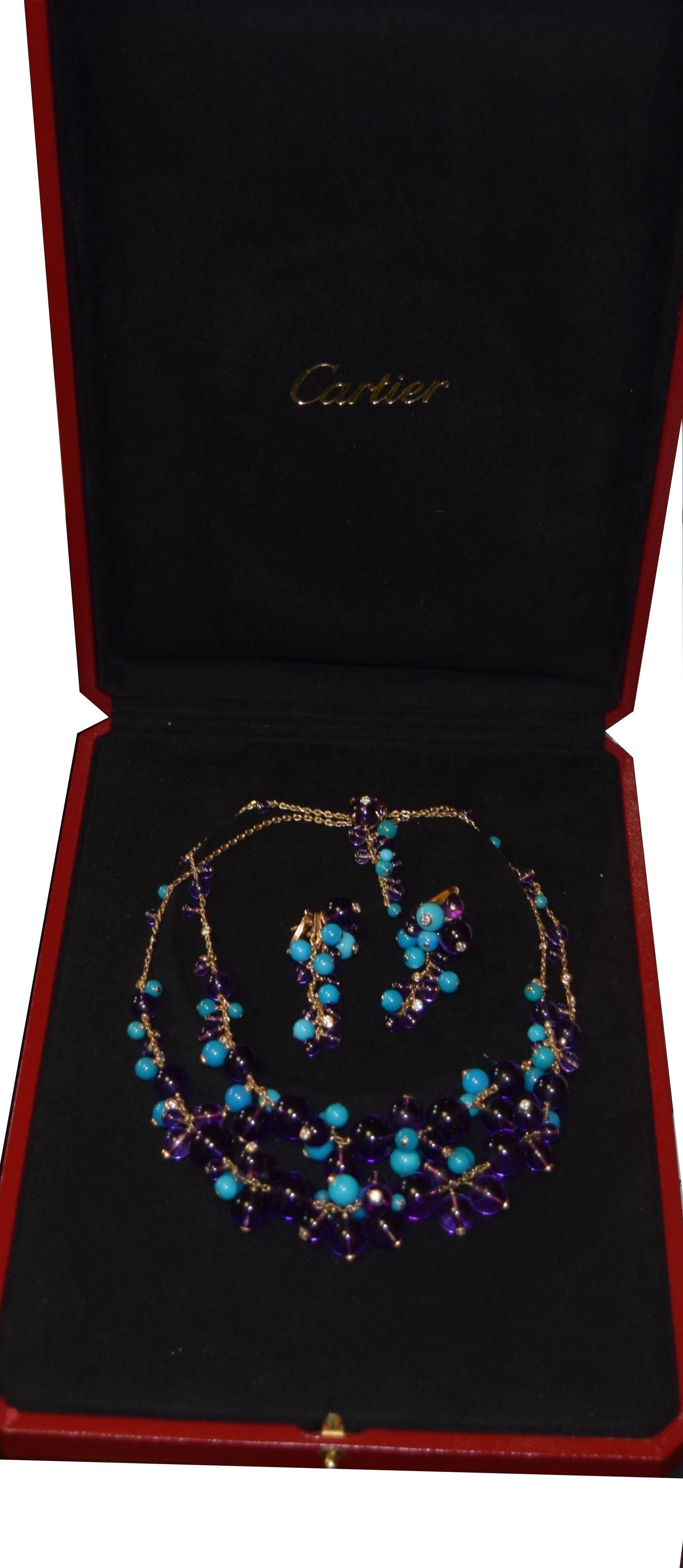 Elegant, timeless, captivating. 18k Yellow Gold Diamond Necklace & Earring Set with Turquoise & Amethyst Beads. Cartier

Designer: Cartier
Collection: Delices de Goa
Metal: Yellow Gold
Metal Purity: 18k
Stones: Turquoise ; Amethyst ;