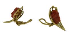 Antique Hand Carved Coral Face on Yellow Gold Clip On Earrings