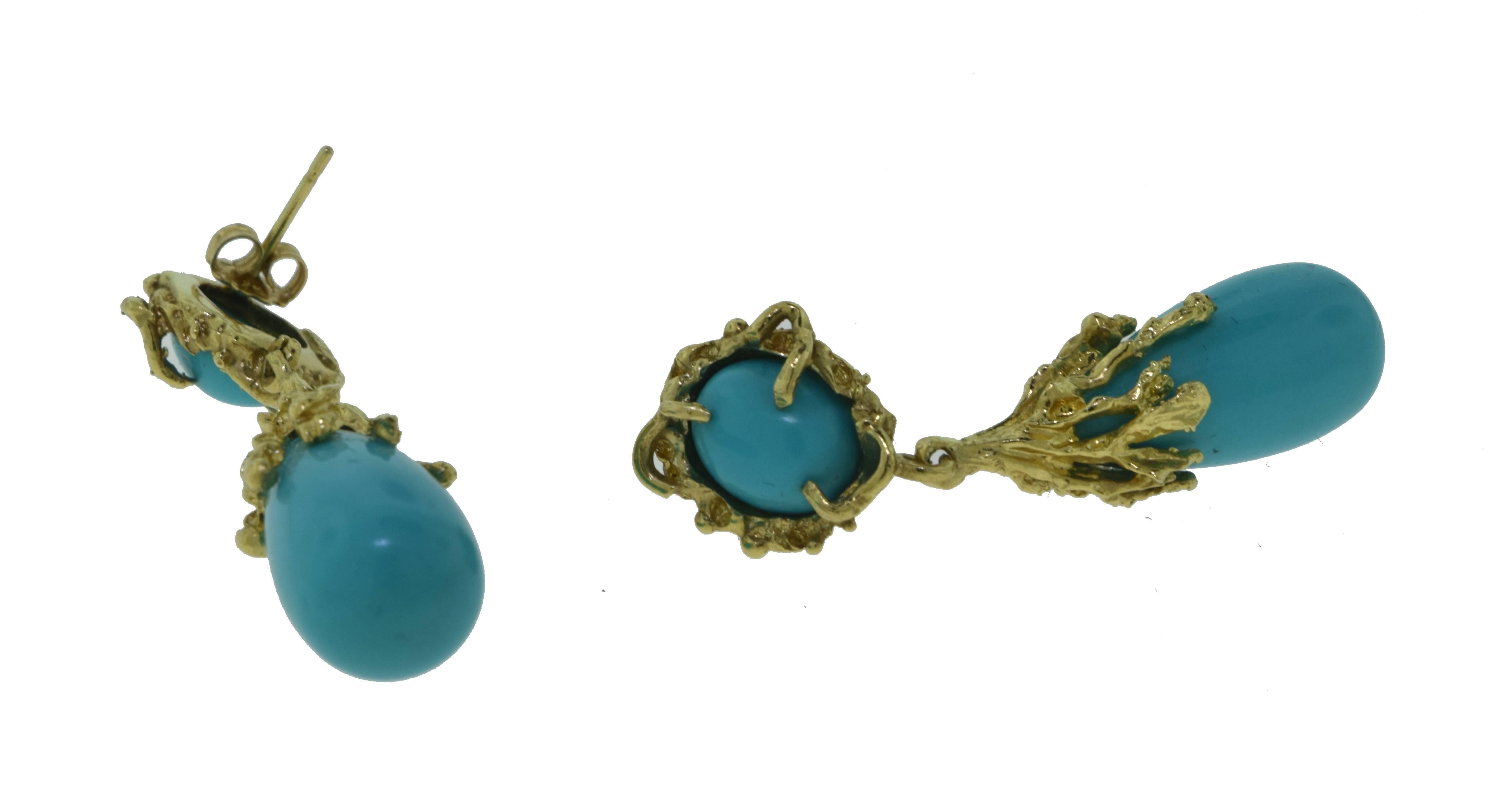 Magnificent Vintage Earrings in 14k yellow gold (marked) and tested, with Gorgoeus Natural Blue Turquoise. Pure sky-blue color without matrix, black veins, or any other inclusions. 
Metal: Yellow Gold
Metal Purity: 14k
Stone: Natural Blue