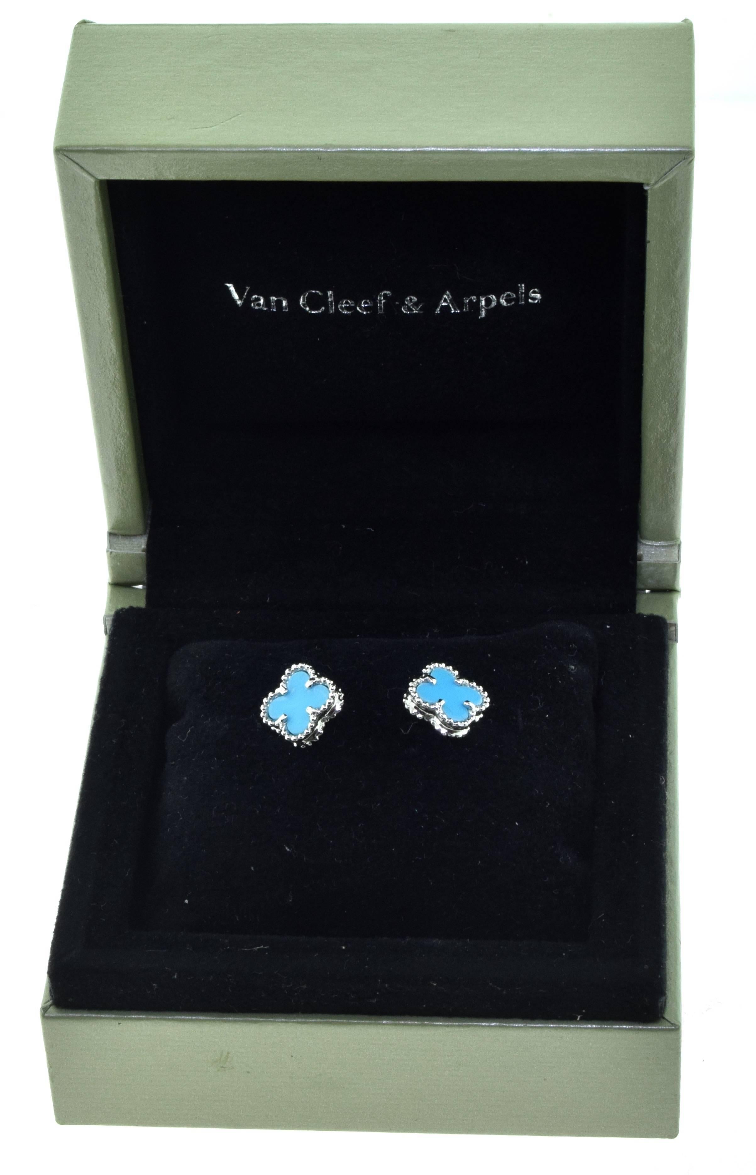 Designer: Van Cleef & Arpels
Collection: Sweet Alhambra
Metal: White Gold
Metal Purity: 18k
Stones: Turquoise
Total Item Weight (grams): 1.6
Motif Dimensions: approx. 7.96 x 9.30 mm

About the collection:
Light and delicate, the Sweet Alhambra
