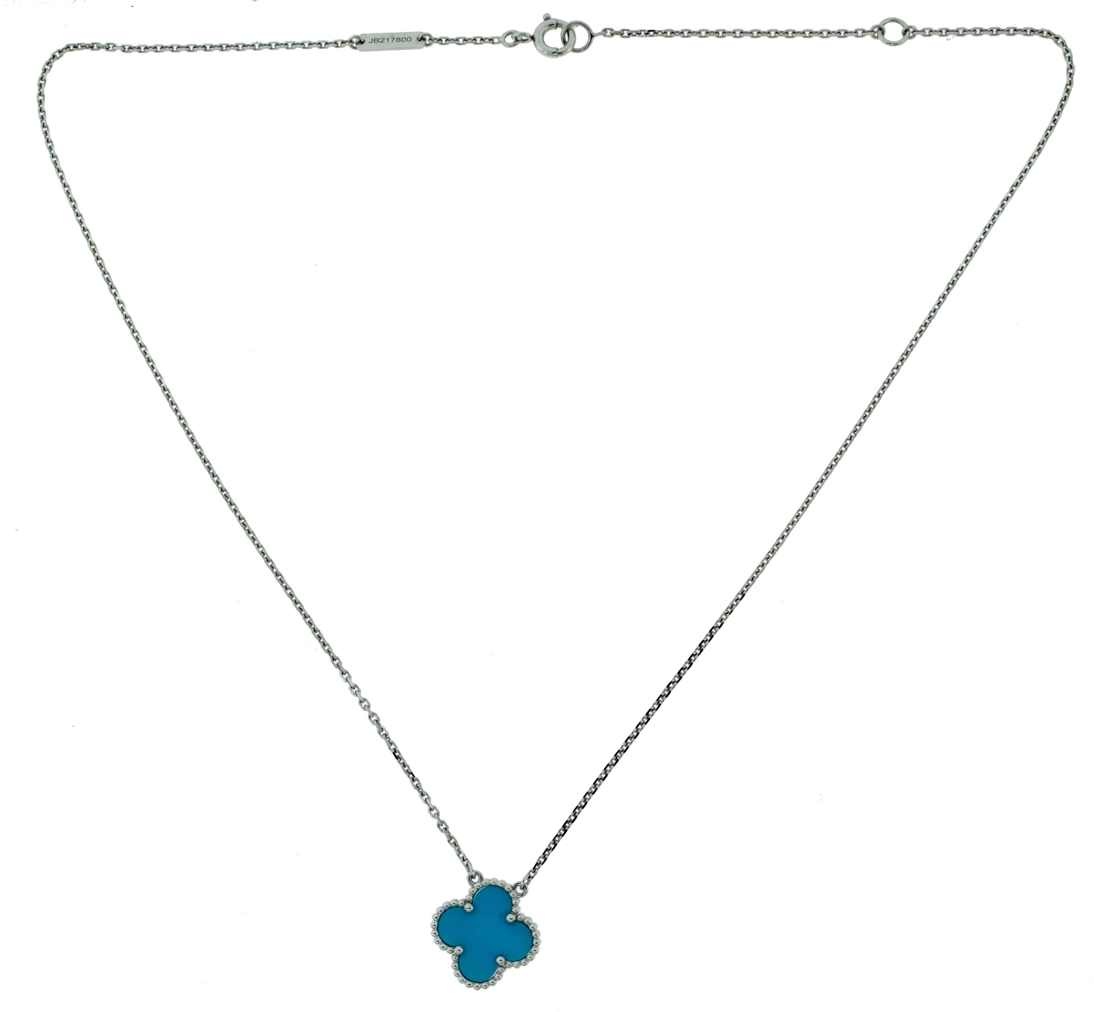 Van Cleef & Arpels Turquoise Vintage Alhambra Single Motif Pendant Necklace In Excellent Condition In Miami, FL