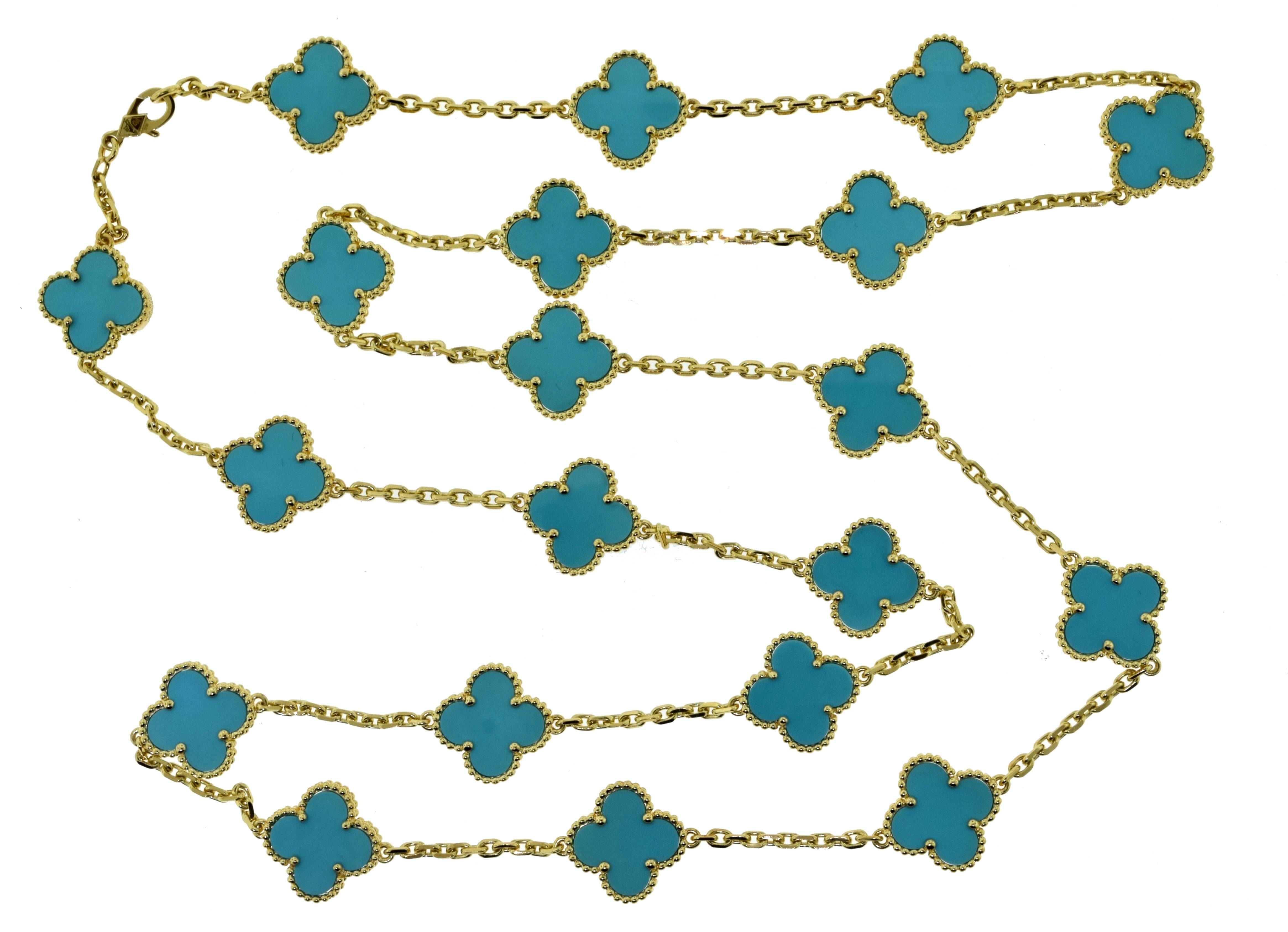 Van Cleef & Arpels Vintage Alhambra Turquoise 20 Motif Yellow Gold Necklace In Excellent Condition For Sale In Miami, FL