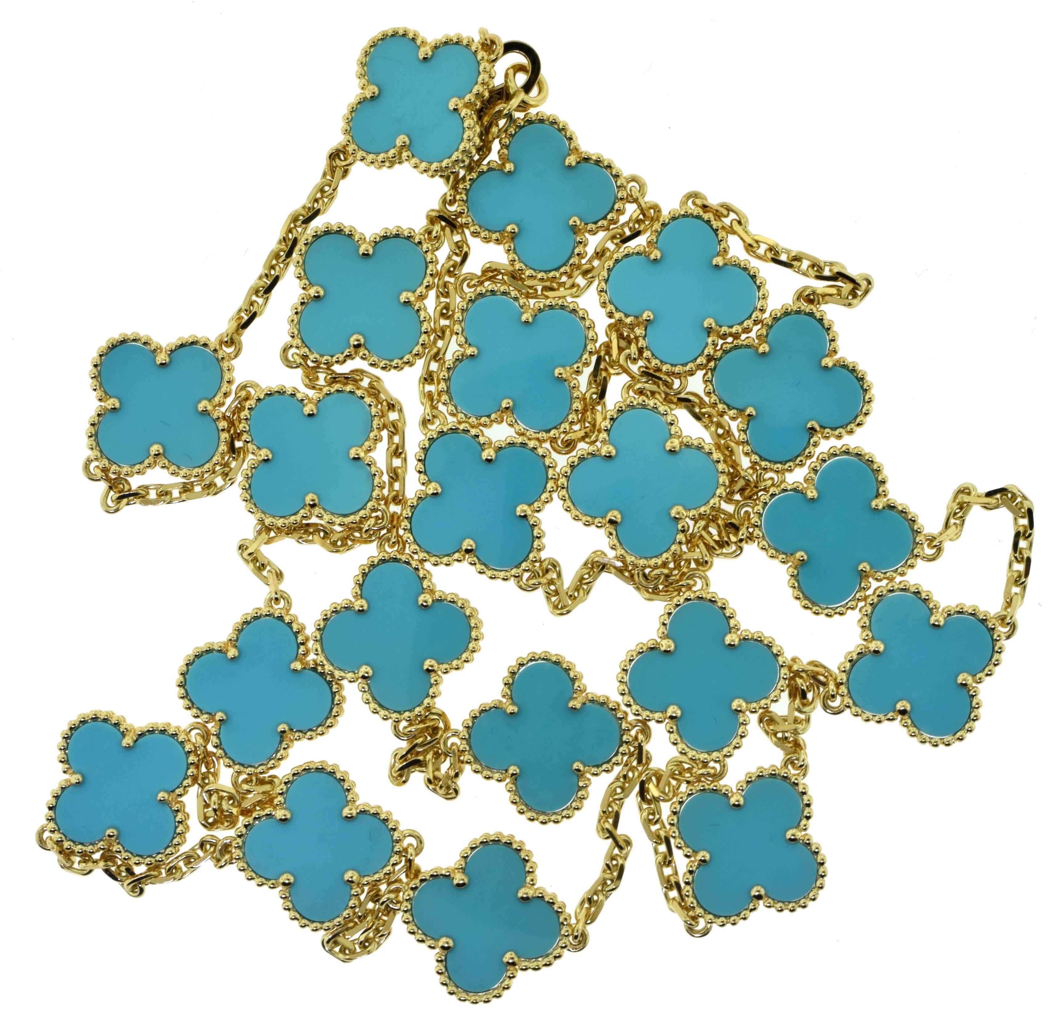 Designer: Van Cleef & Arpels
Collection: Vintage Alhambra
Metal: Yellow Gold
Metal Purity: 18k
Stones: Turquoise
Total Item Weight (grams): 41.0 
Total Chain Length: 31 inches
Clasp: Lobster
Includes: VCA Paperwork (please see photos)