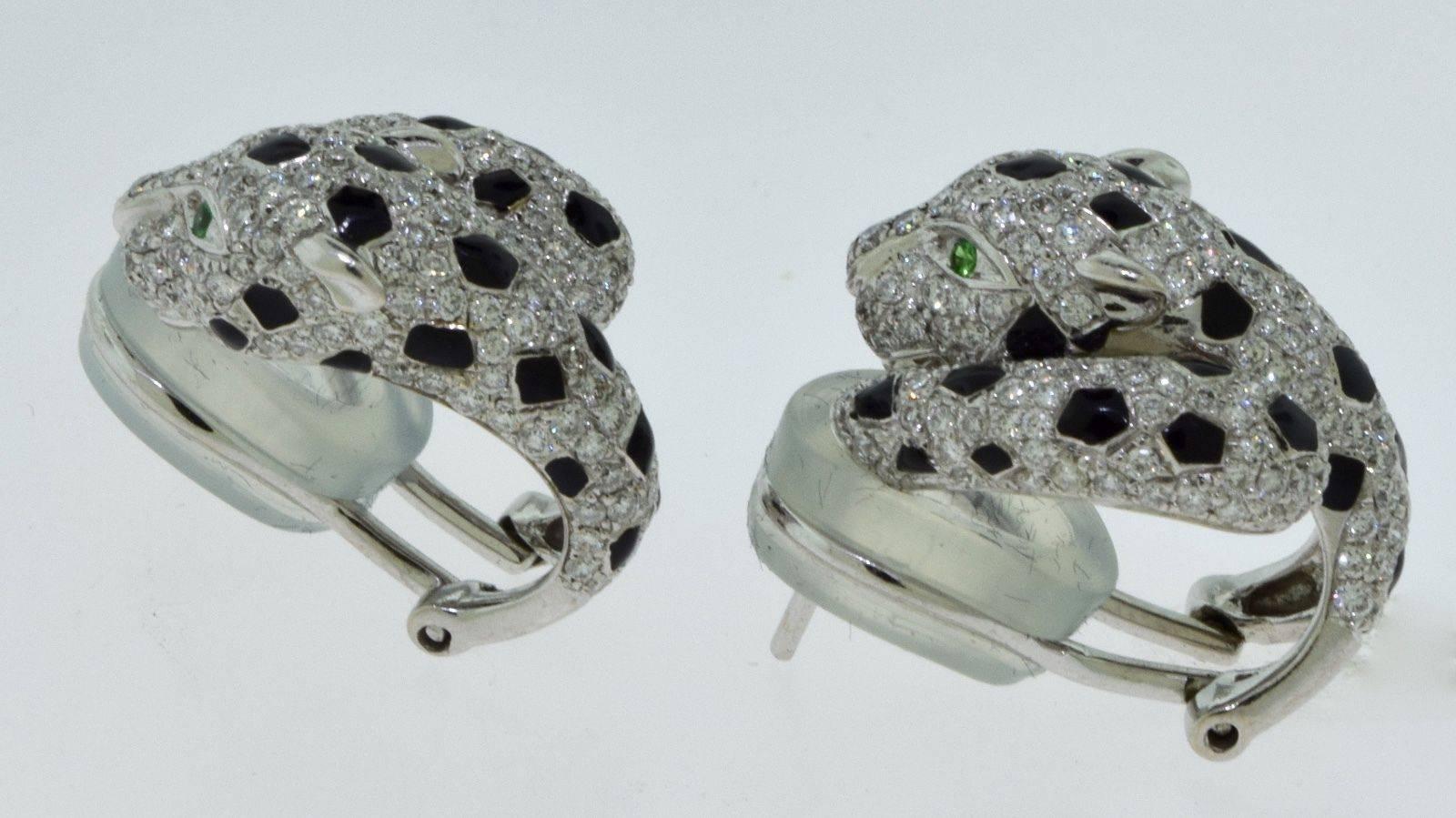 Diamond Panther Earrings with Emerald Eyes and Black Enamel, 4.5 Carat 2