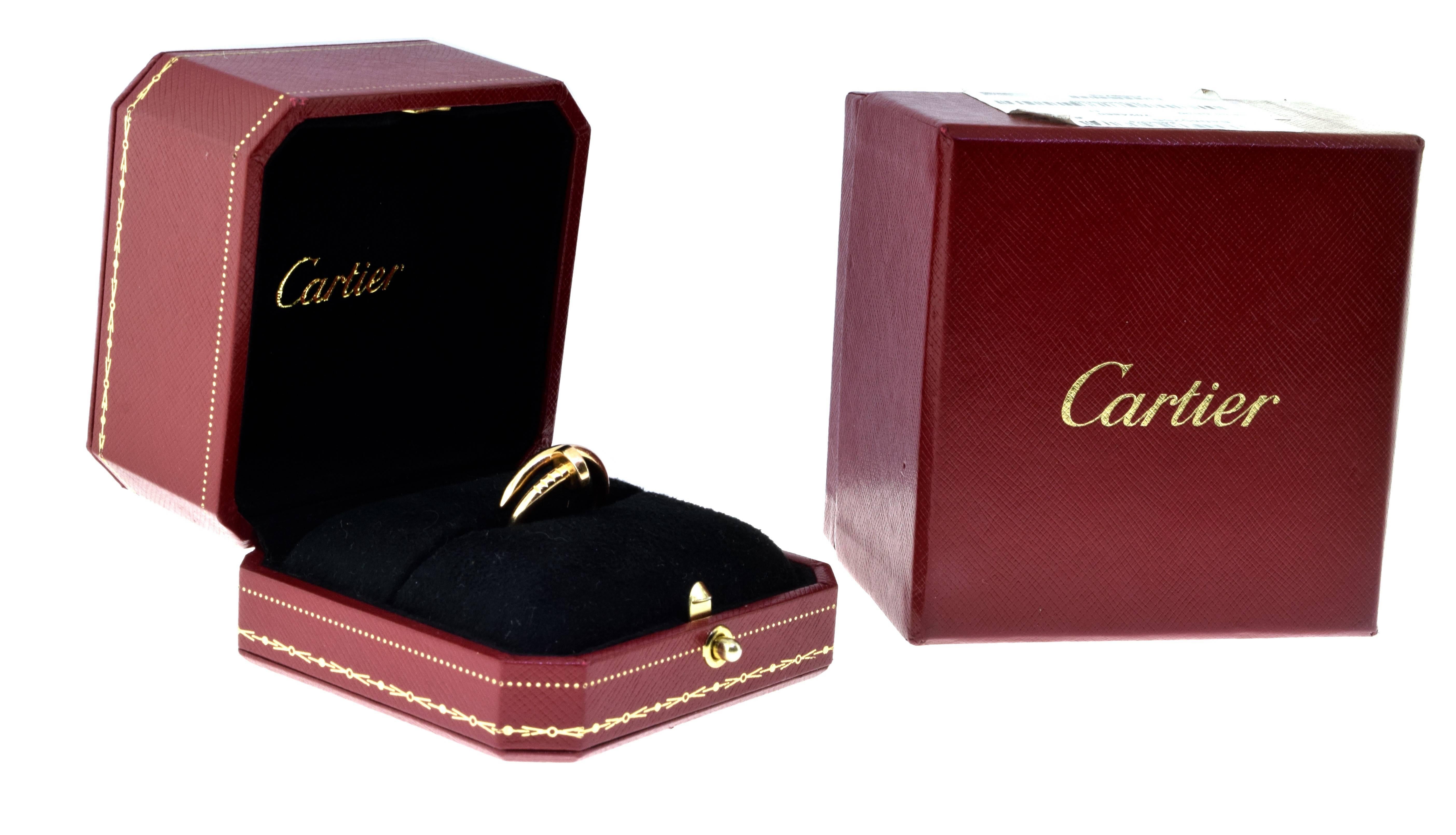 From Cartier's Juste Un Clou Collection (includes Certificate of Authenticity & Manufacturer's Box)

Metal: 18k Rose Gold
Ring Size: 55 (euro) ; 7.5 (US)
Total Item Weight (grams): 8.0
Hallmark: Cartier 55 Au750 Serial No. 
Includes: Certificate