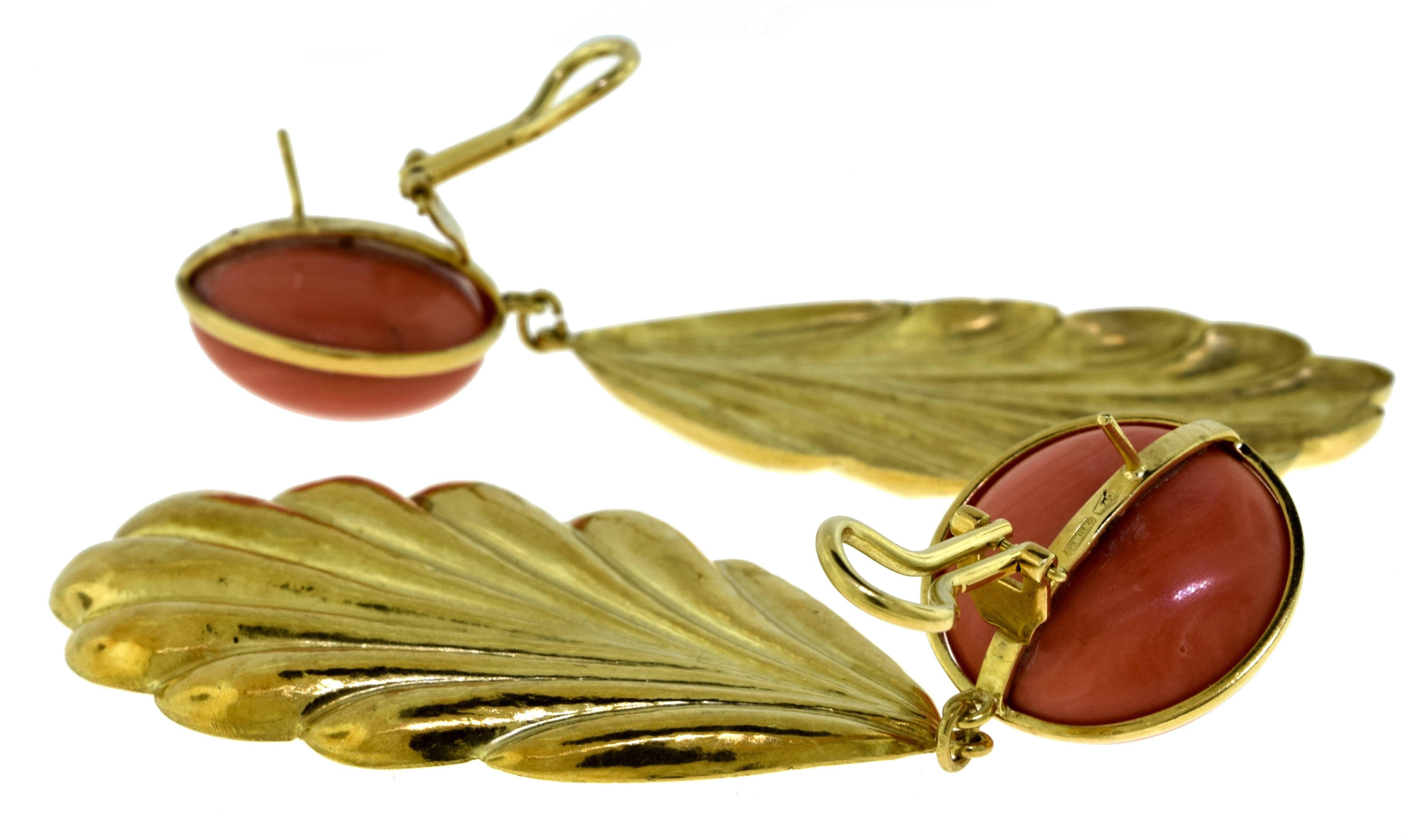 Women's or Men's Natural Round Pink Coral Very Large Yellow Gold Leaf Dangle Earrings For Sale