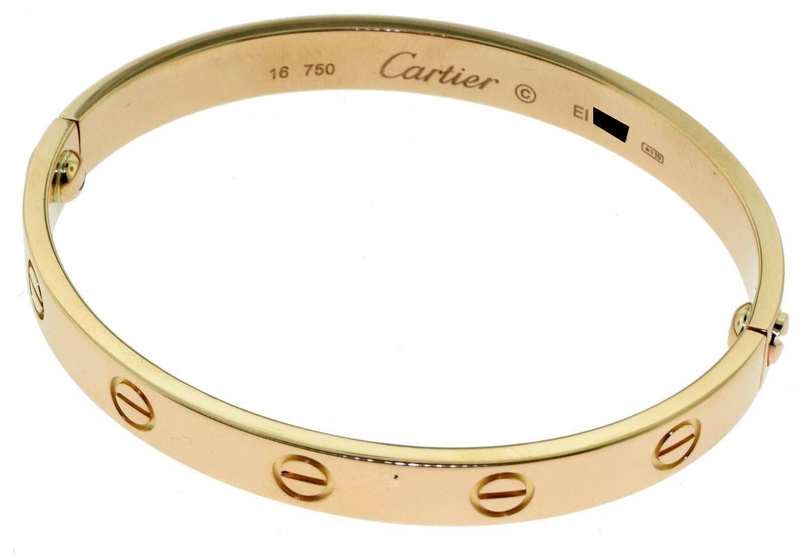 From Cartier's LOVE Collection: (comes with Box)

METAL: 18k Rose Gold
TOTAL ITEM WEIGHT: 29.42 grame
BRACELET SIZE: 16
HALLMARK: CARTIER, 750, 16 Serial Number

About the Collection:
This bracelet is a universal symbol of love and commitment. The