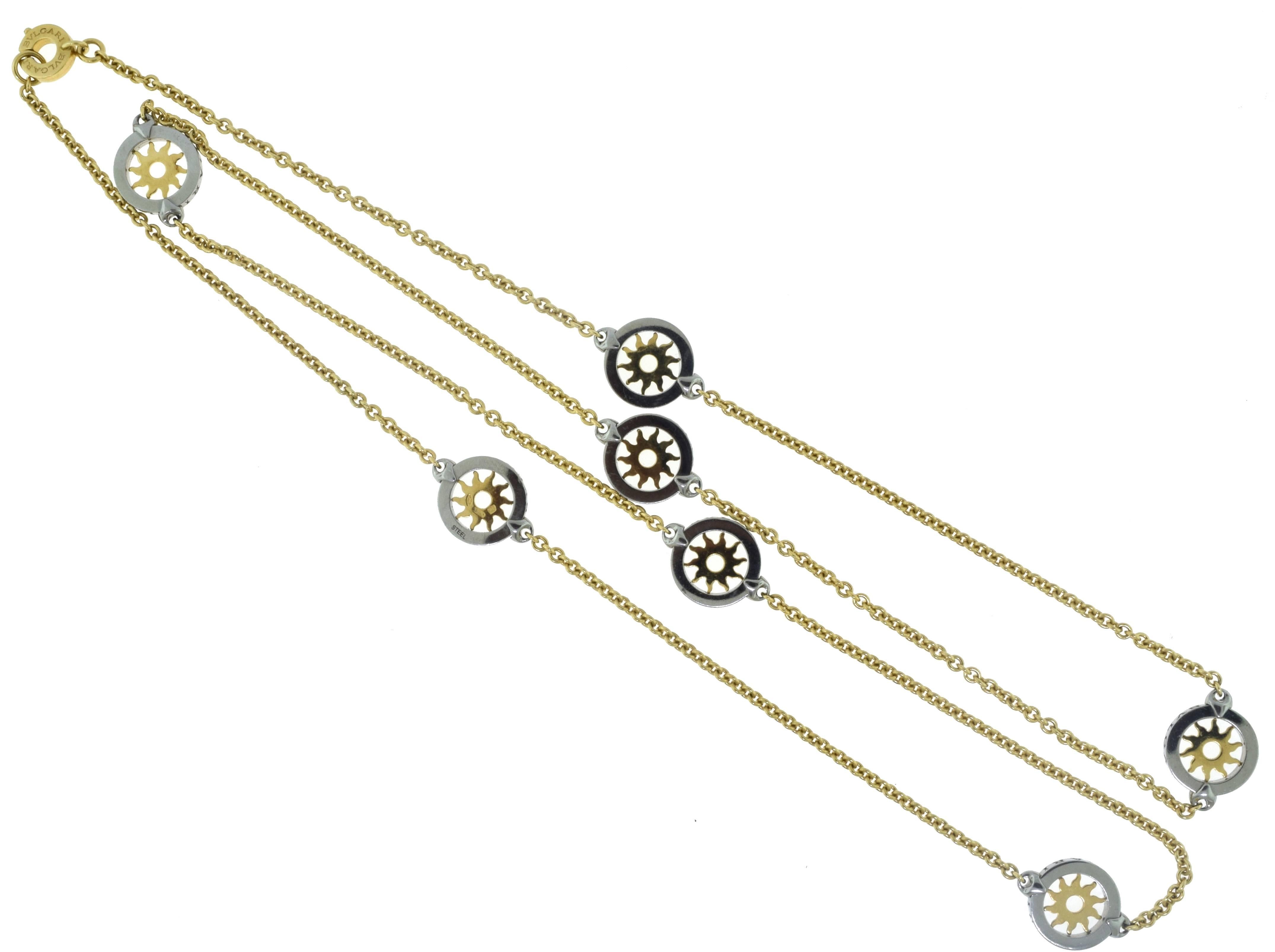 Item Specifications:
Designer: BVLGARI
Collection: Tondo Sun
Metal: Yellow Gold, Stainless Steel
Metal Purity: 18k
Total Item Weight (grams): 35.8
Necklace Length: 36 inches
Sun Diameter: 14.57 mm
Sun Thickness: 3.55 mm
Hallmarks: BVLGARI, Steel,