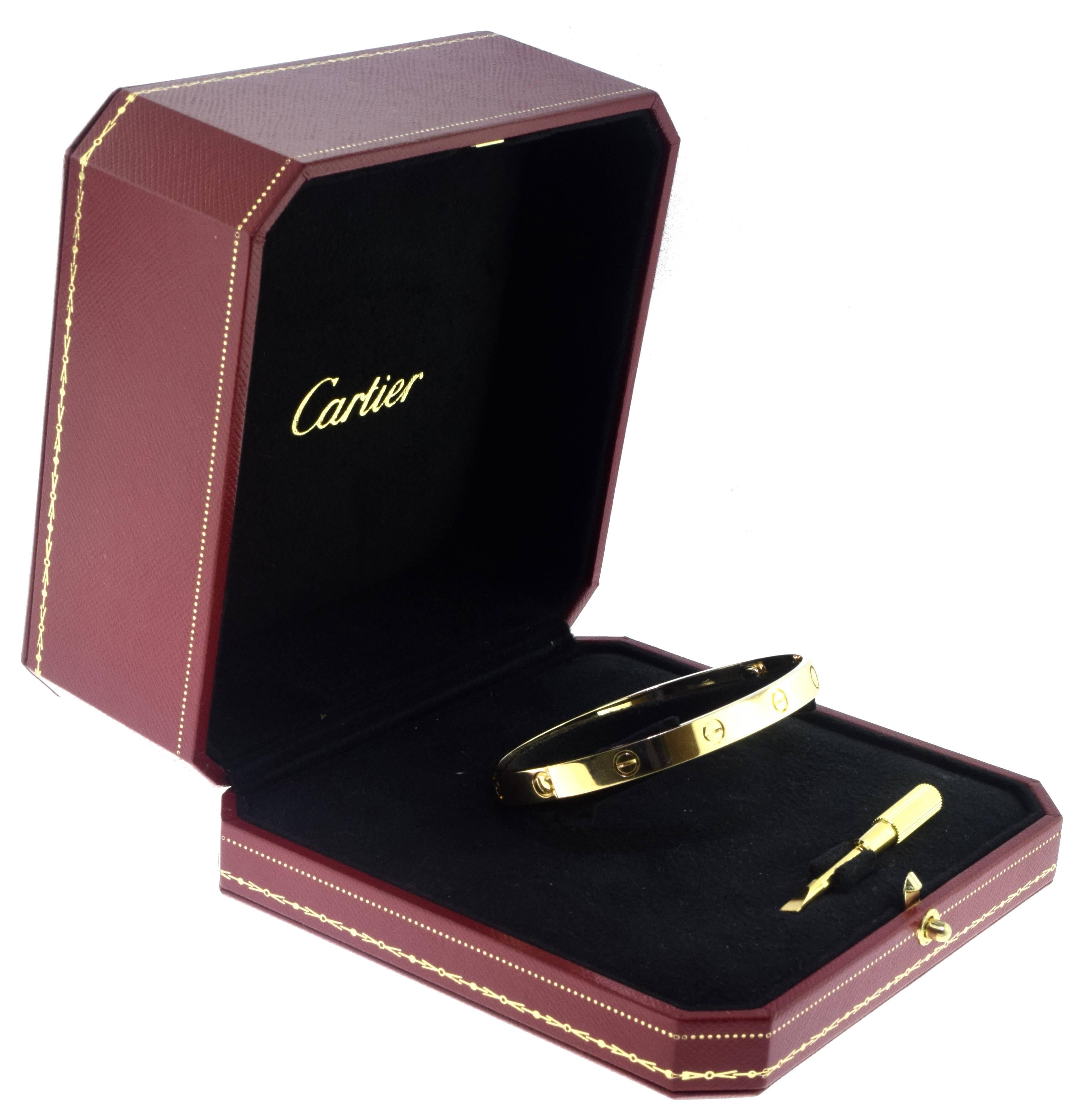 From Cartier's LOVE Collection:

Metal: 18k Yellow Gold
Bracelet Size: 19
Total Item Weight (g): 37.0
Hallmarks: Cartier Au750 19 Serial Number
Screw System: New Screw
Includes: Box & Certificate of Authenticity