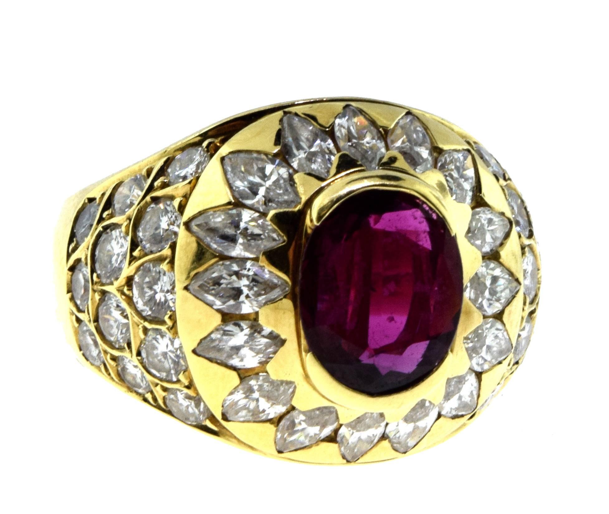 Ring Size: 8.25
Metal: Yellow Gold
Metal Purity: 18k
Stones: Ruby and Diamonds
Ruby Weight: 2 carat
Diamond Weight: 3 carat
Total Carat Weight: 5 carat
Total Item Weight (g): 13.3

The timeless brilliance of this ruby and diamond ring—whether for a