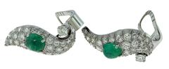 Estate Cabochon Green Emerald Diamond Platinum Earrings