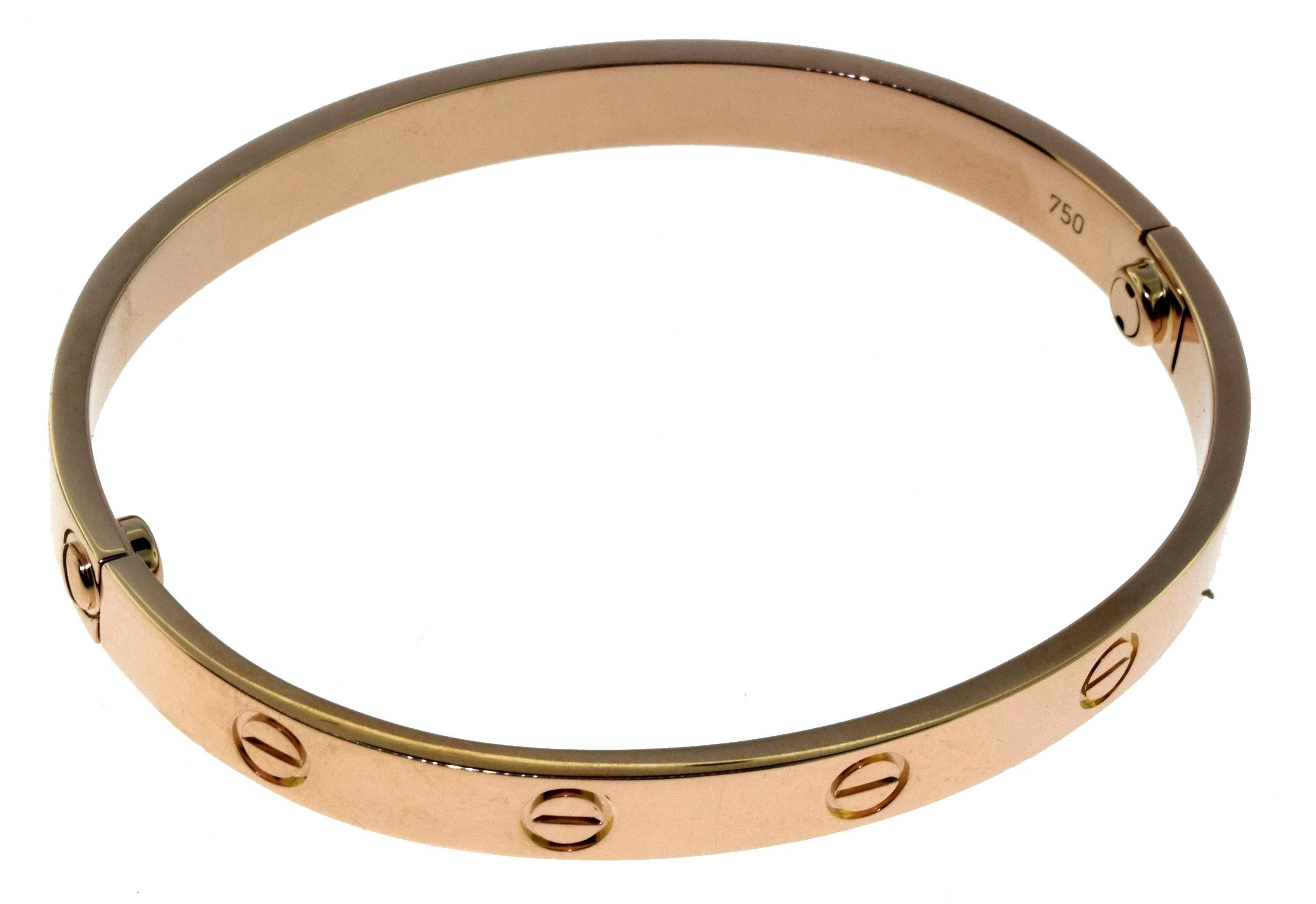 From Cartier's LOVE Collection:

Bracelet Size: 17 = 17 cm (fits anywhere between a 6.3 - 6.9 inch wrist)
Metal: 18k Rose Gold
Total Item Weight (g): 31.4
Collateral: Cartier Invoice, Manufacturer's Box, Cert. of Authenticity

Hallmark: Cartier,
