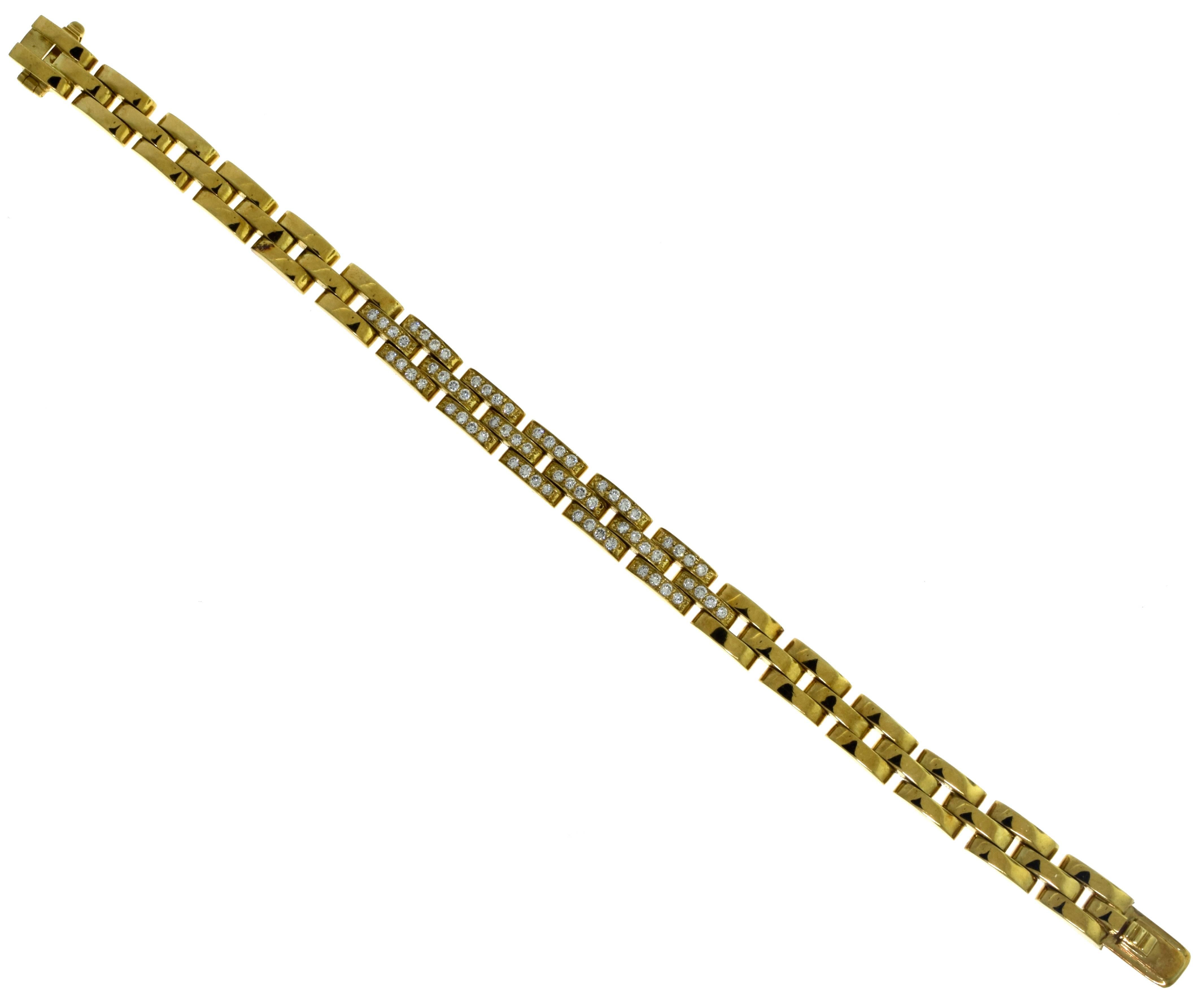Metal: Yellow Gold
Metal Purity: 18k
Stones: 64 Round Brilliant Cut Diamonds
Total Carat Weight: 1.28 carat
Diamond Color: G - H
Diamond Clarity: VS
Total Item Weight (g): 37.2
Bracelet Length: 7.75 inches
Bracelet Width: 0.25 inches
Hallmark: