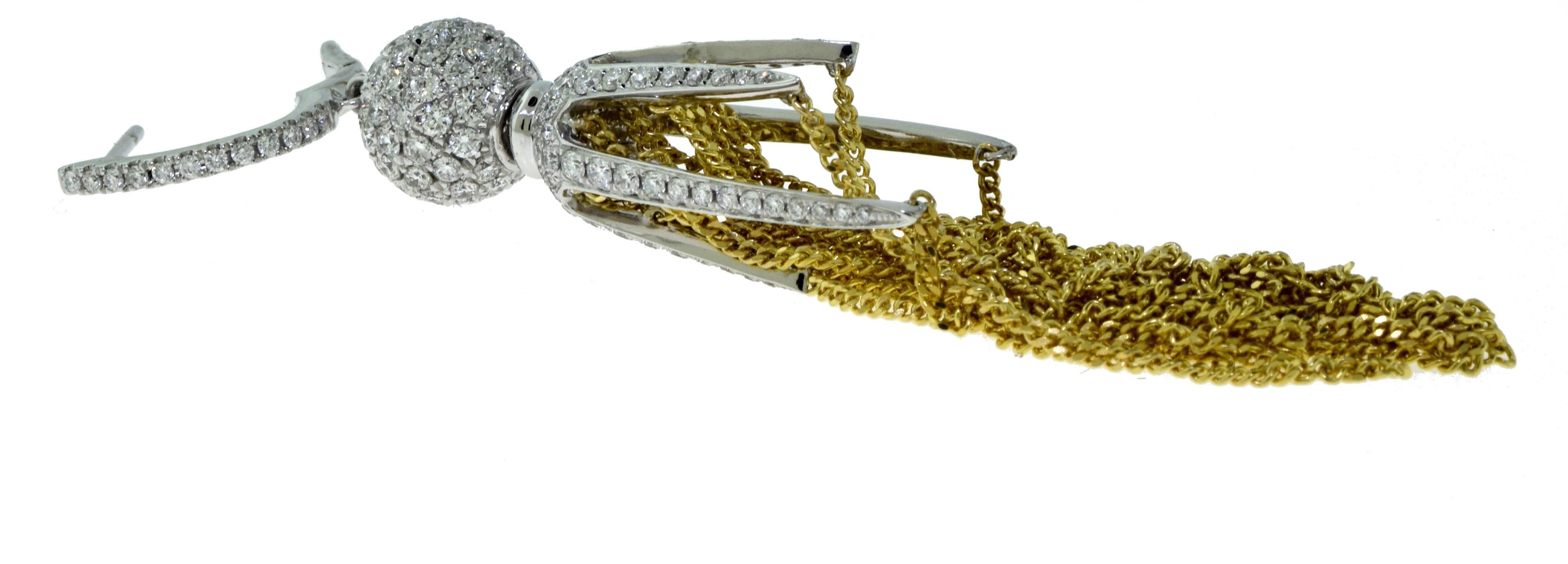Diamond Claw Tassle Earrings in 18 Karat Yellow Gold and 18 Karat White Gold In Excellent Condition For Sale In Miami, FL