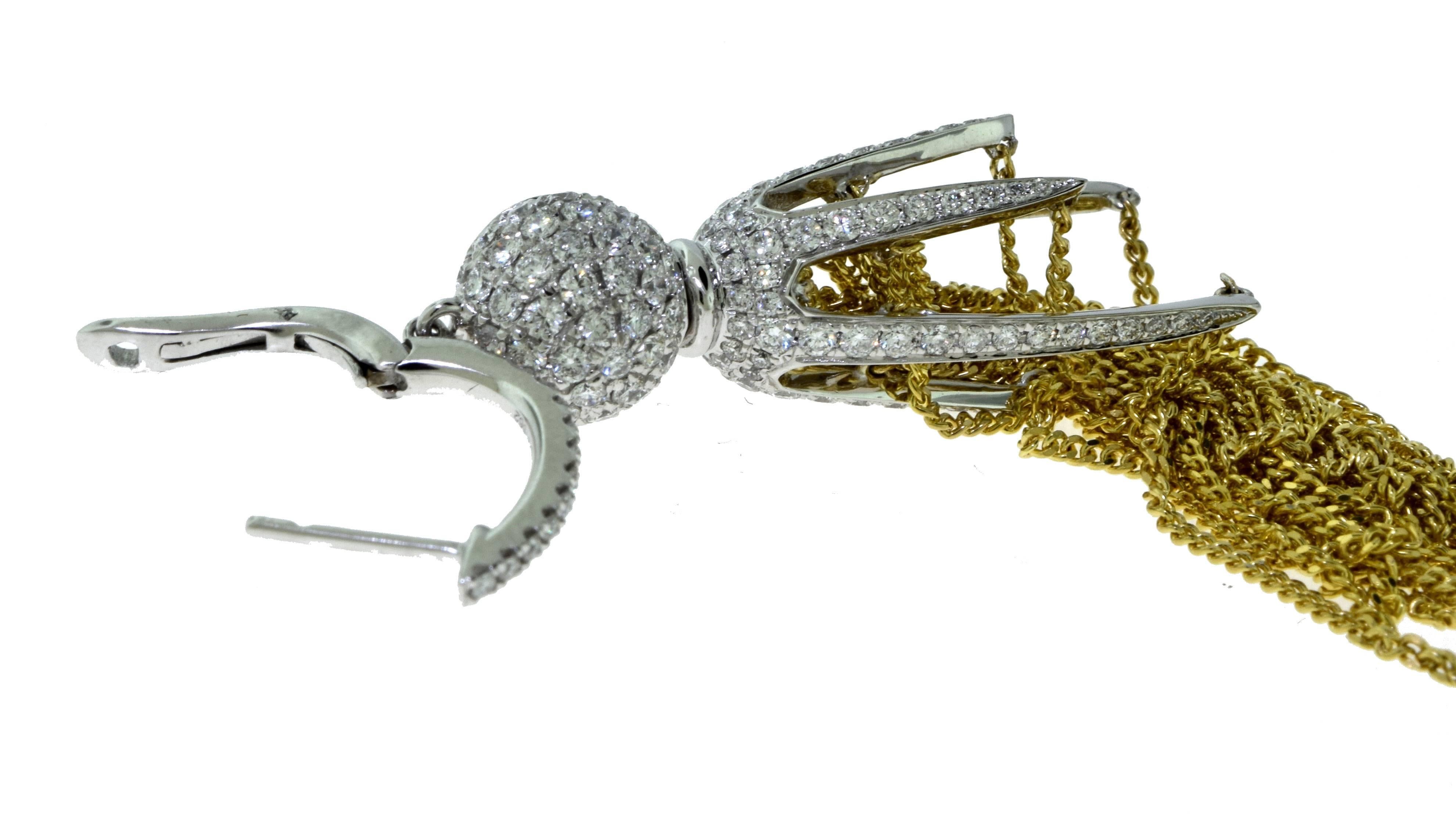 Women's or Men's Diamond Claw Tassle Earrings in 18 Karat Yellow Gold and 18 Karat White Gold For Sale
