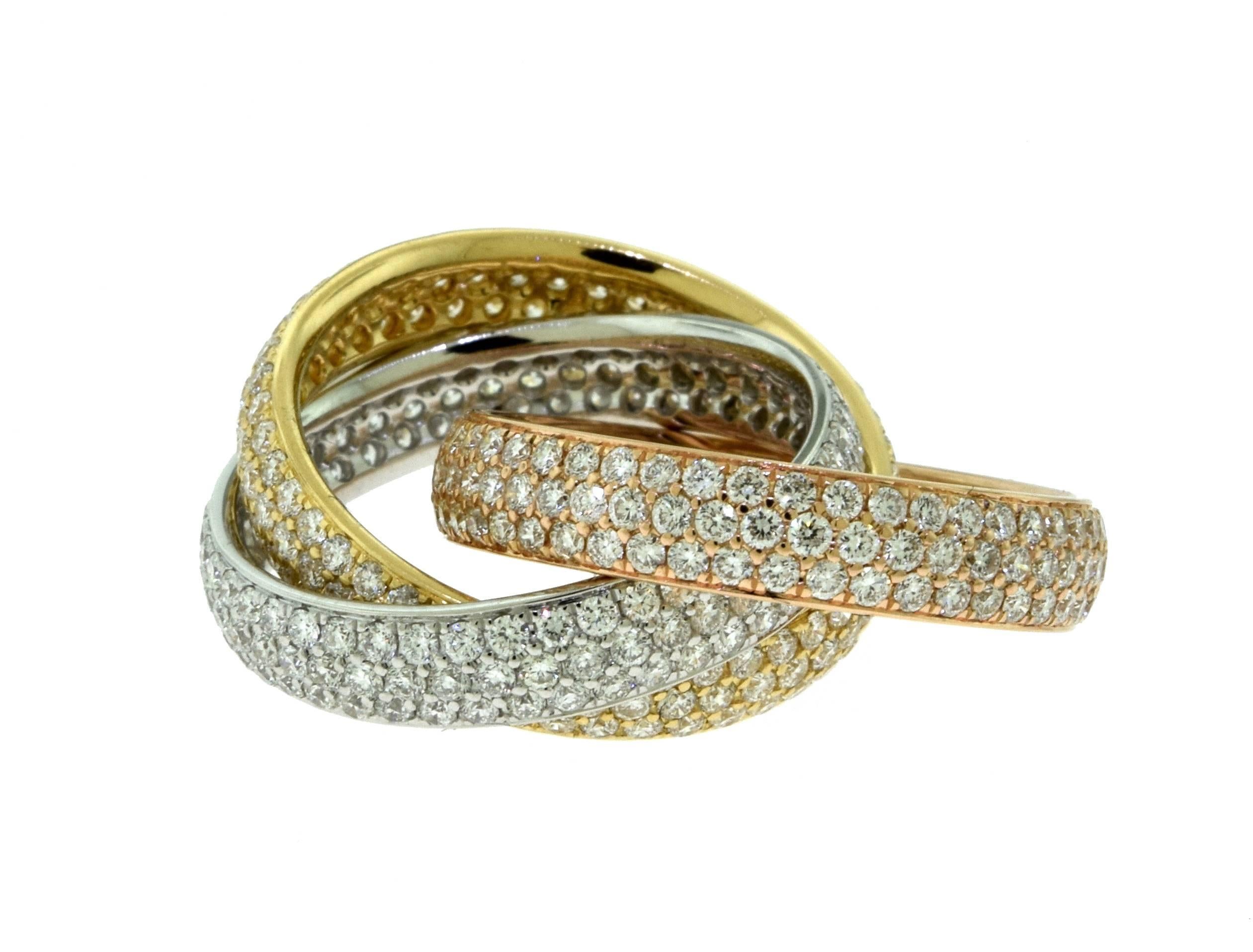 Diamond Tri-Color 18 Karat Rose, White and Yellow Gold Trinity Rolling Ring In Excellent Condition In Miami, FL
