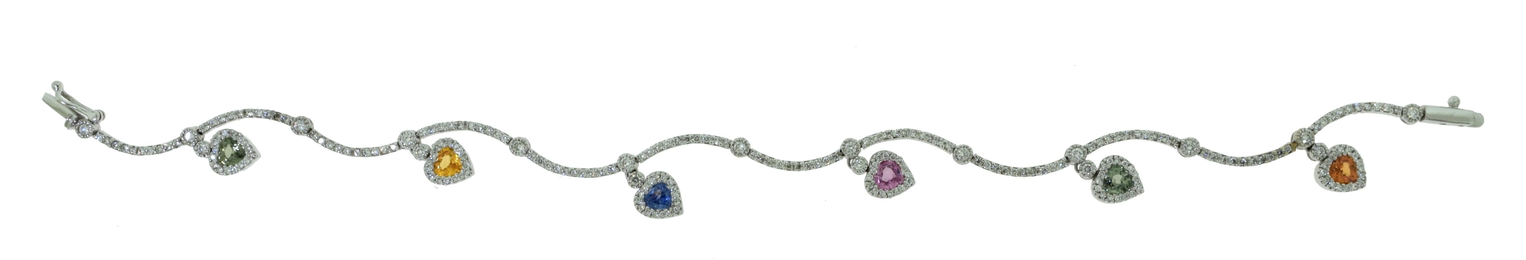 Multi-Color Heart-Shaped Sapphire and Diamond Three-Piece Set in 18 Karat Gold For Sale 2
