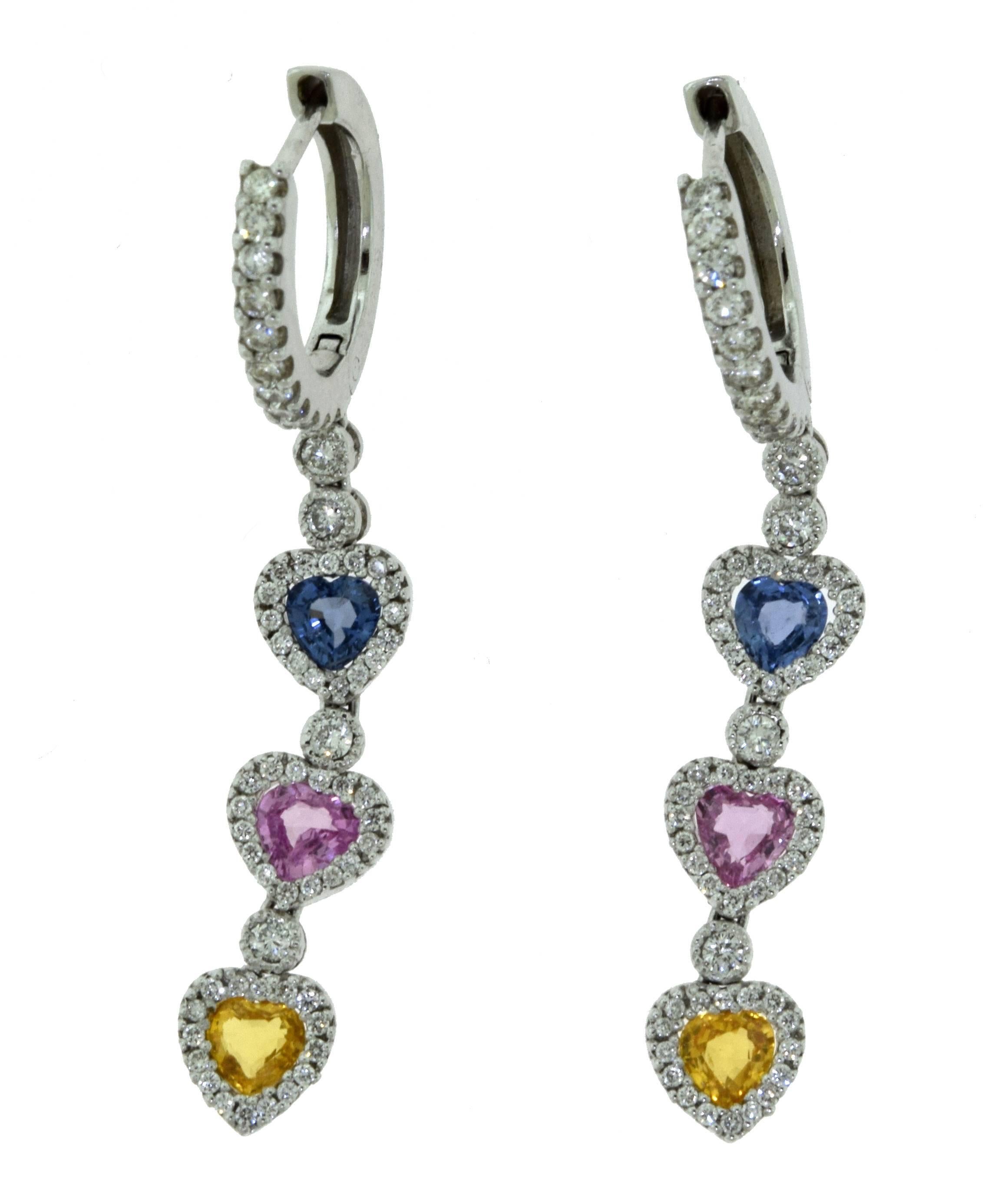 Multi-Color Heart-Shaped Sapphire & Diamond Necklace
Metal: 18k White Gold
Stones: Multi Color Sapphires, Diamonds
Total Carat Weight: 12.1 carat

BRACELET:
Bracelet Length: 7.5 inches
Diamond Carat Weight: 2.30 carat
Sapphire Carat Weight: 1.80