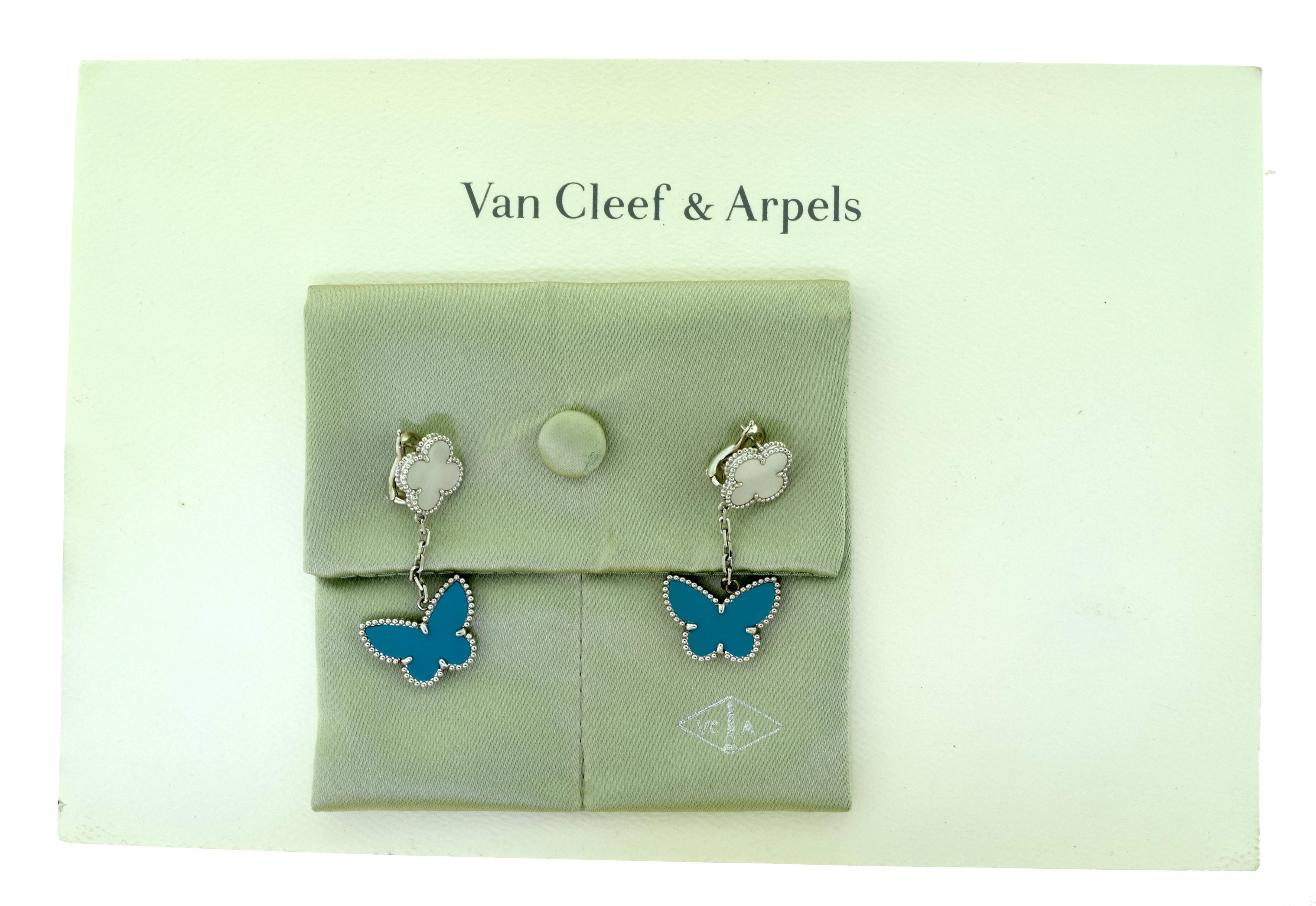Women's or Men's Van Cleef & Arpels Lucky Alhambra Turquoise and Mother-of-Pearl Gold Earring For Sale