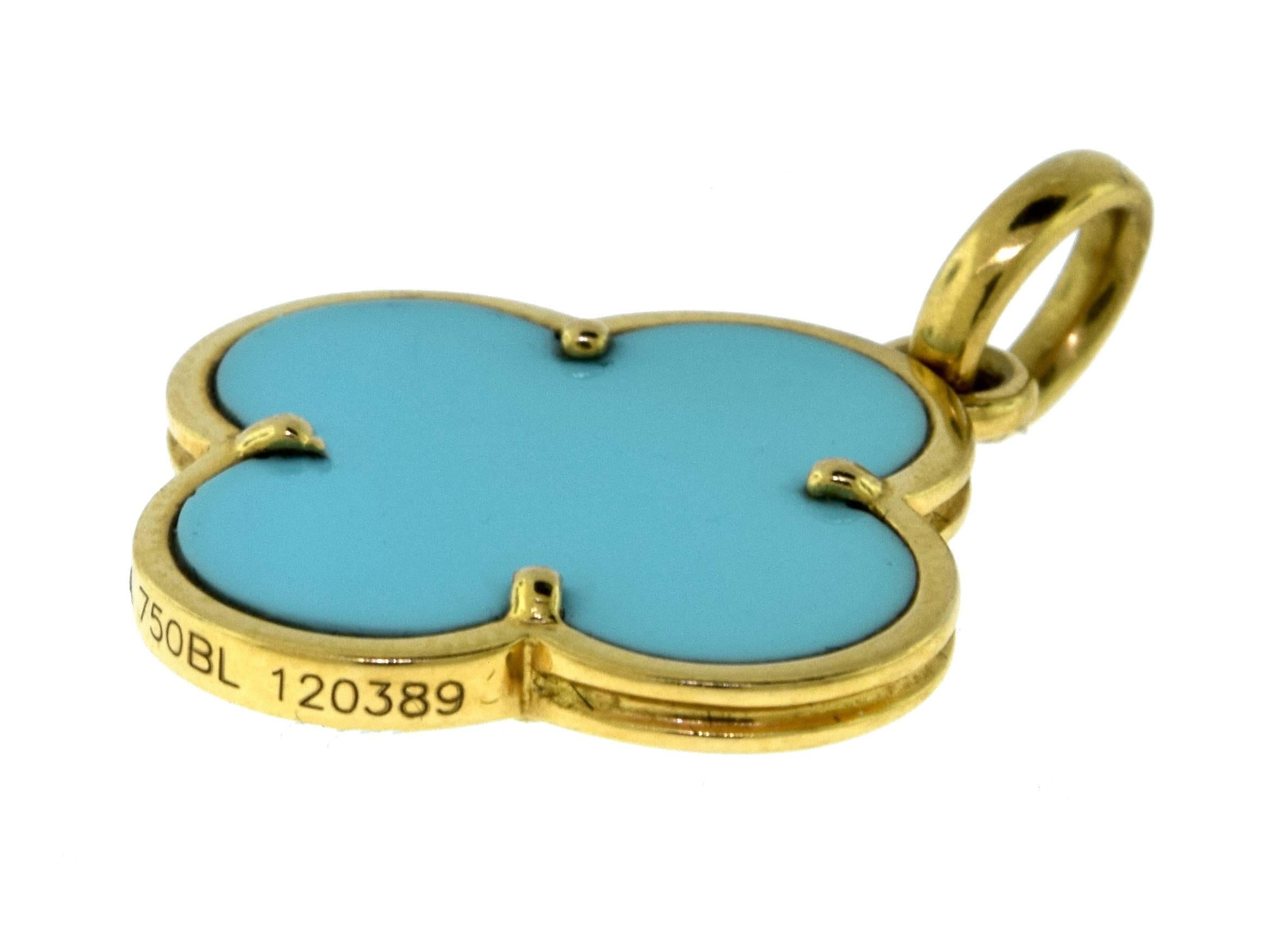 From Van Cleef & Arpel's Magic Alhambra Collection

Metal: 18K Yellow Gold
Metal Finish: High Polish
Stone Type: Turquoise
Stone Color: Blue
Total Item Weight (g): 3.8
Hallmark: VCA 750 French Eagle Head Serial No.
Dimensions: 1.2 x 0.87 inches