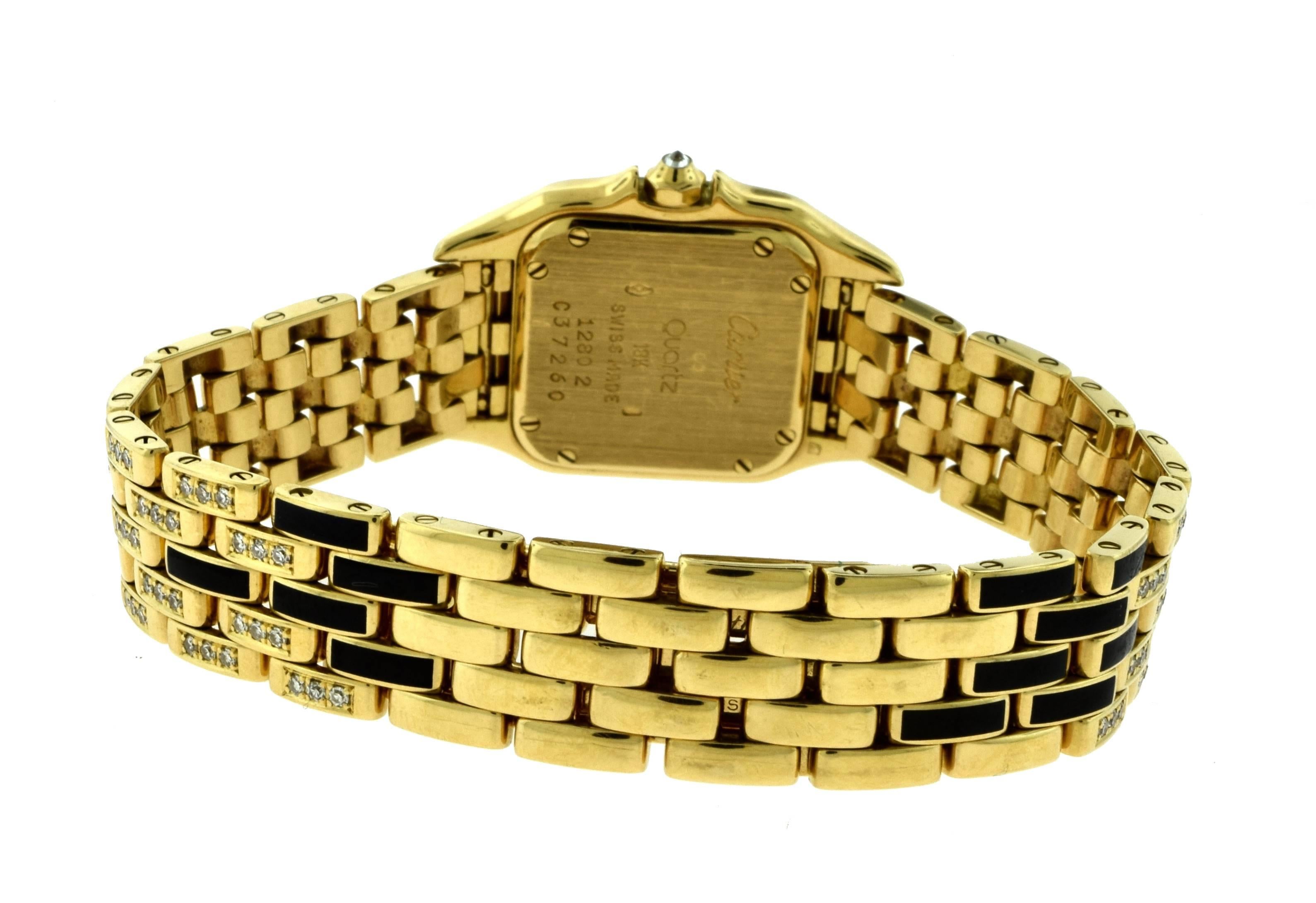 Women's or Men's Cartier Yellow Gold Black Enamel Diamond Panthère Watch with Onyx For Sale