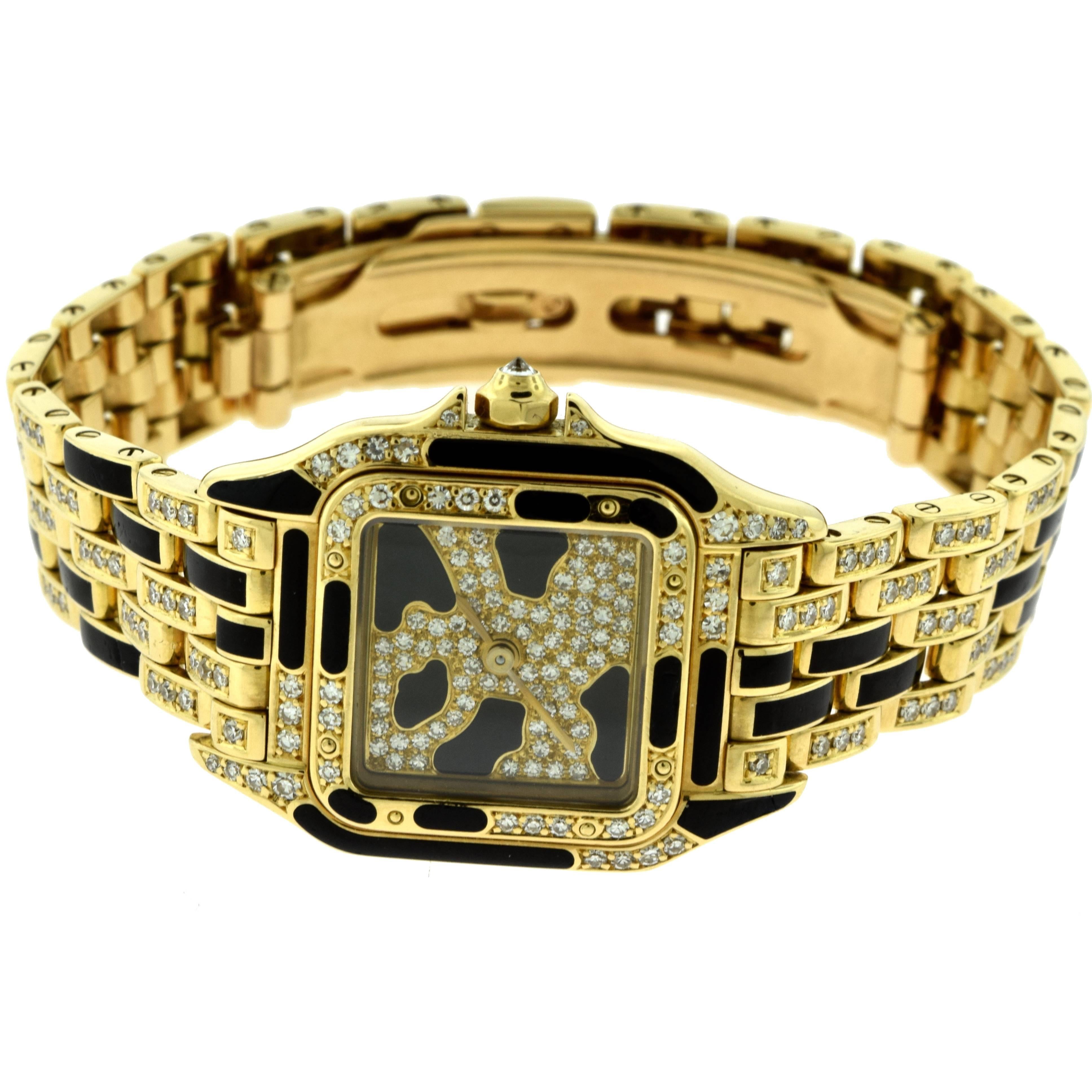 Cartier Yellow Gold Black Enamel Diamond Panthère Watch with Onyx For Sale