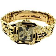 Cartier Yellow Gold Black Enamel Diamond Panthère Watch with Onyx
