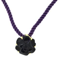 Chanel Camellia Carved Black Onyx Flower Pendant Necklace Purple Silk Chain