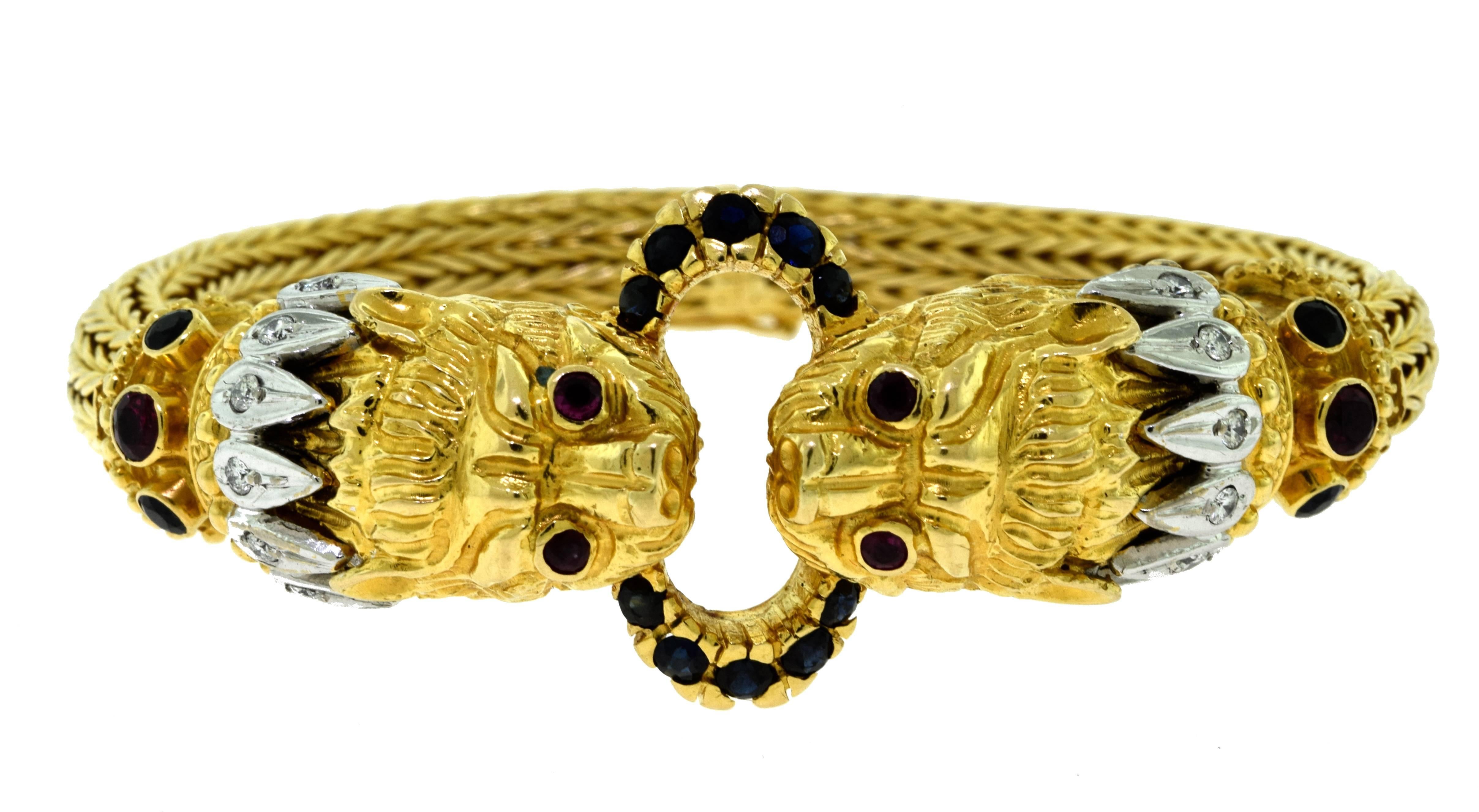 Women's or Men's Ilias Lalaounis Greece Sapphire Diamond 18 karat Yellow Gold Chimera Bracelet For Sale