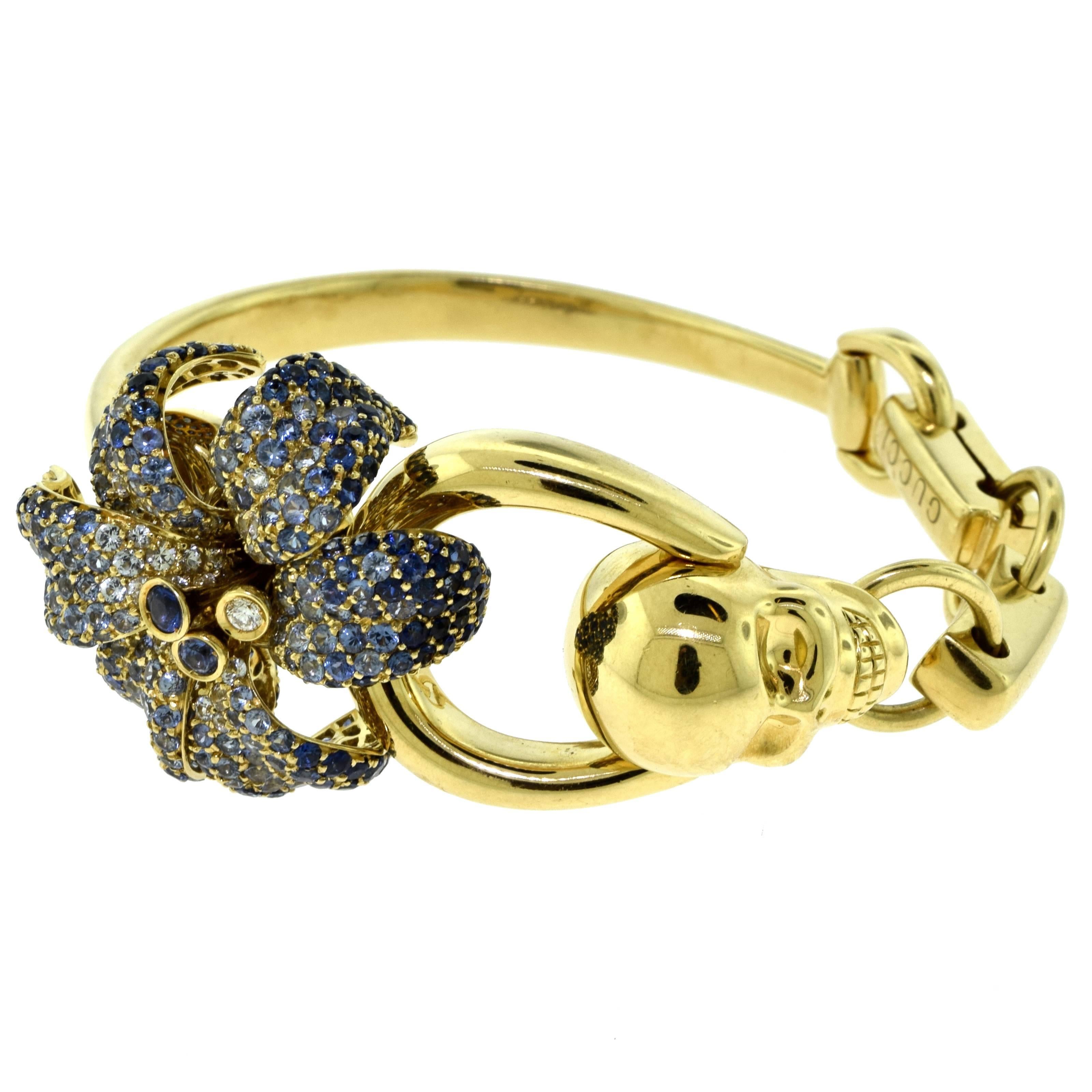 Gucci Flora Diamond and Sapphire Skull Bracelet in 18 Karat Yellow Gold