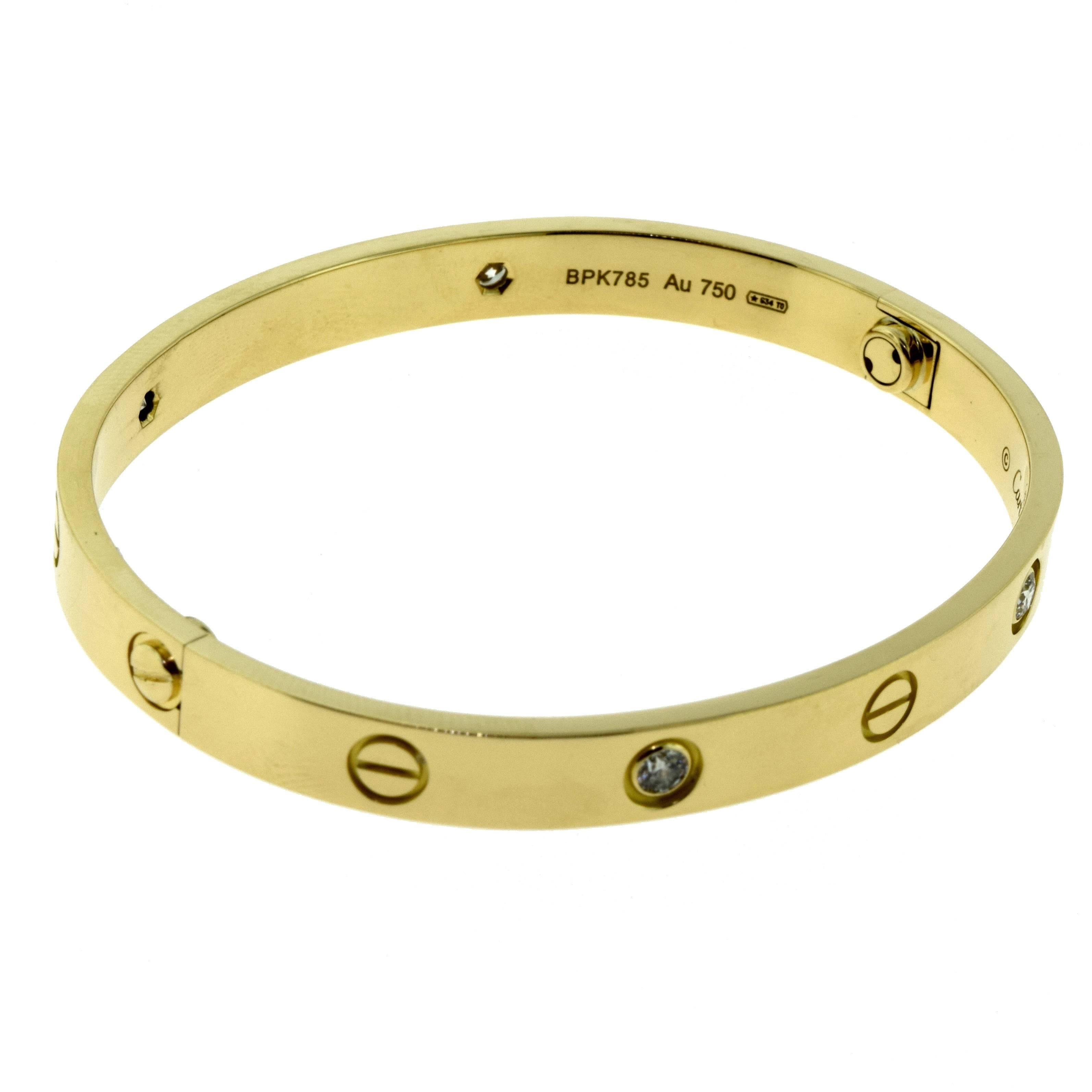 From Cartier's LOVE collection
BRACELET SIZE IS 17
Metal: 18 Karat Yellow Gold
Stones: 4 Round Brilliant Cut Diamonds
Total Carat Weight: 0.42 ct
Hallmark: Cartier 750 Serial No. 17​​​​​​​

Retail is $10,100.00