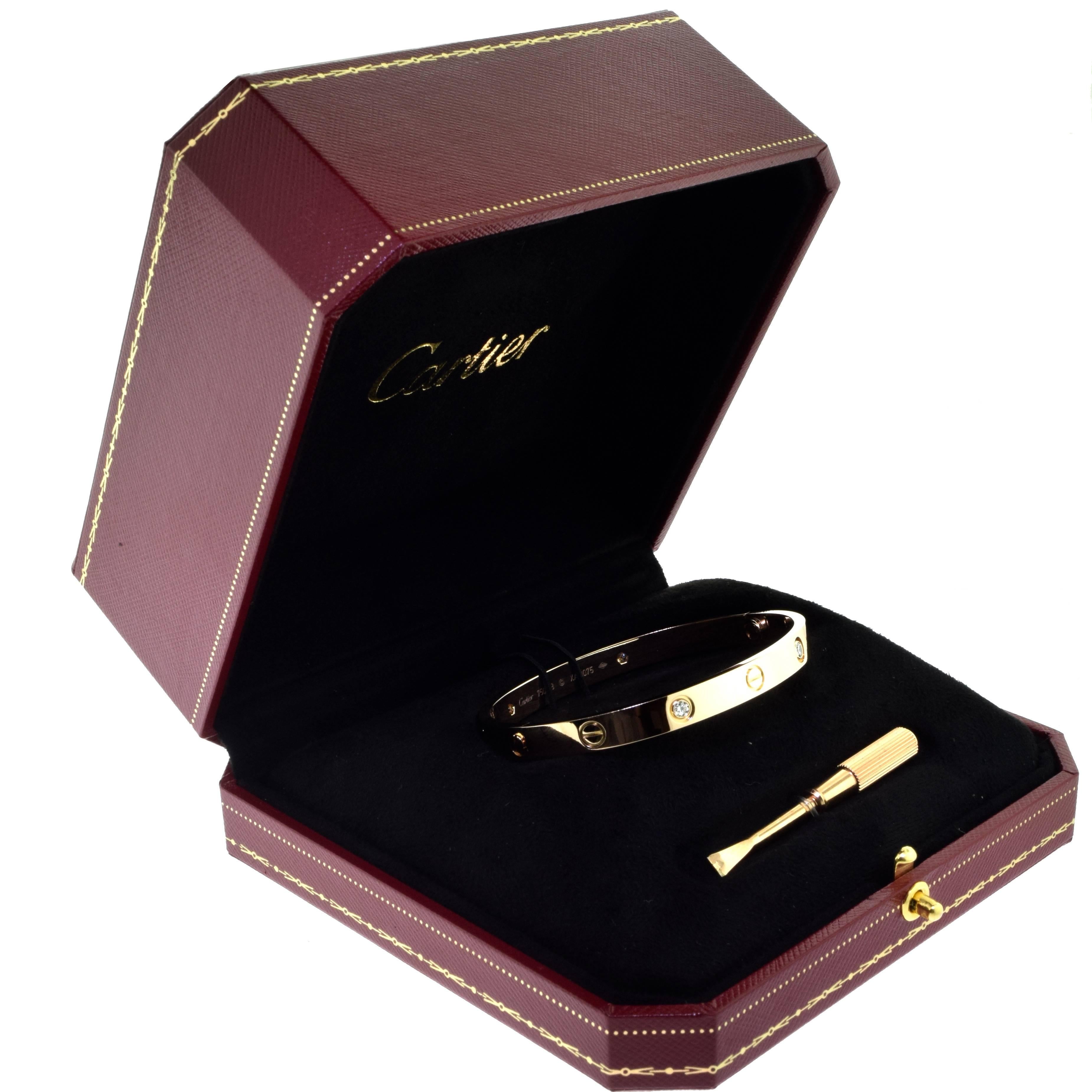 From Cartier's LOVE Collection:

Bracelet Size: 18 = 18 cm
Metal: 18 Karat Rose Gold
Stones: 4 Brilliant Round Cut Diamonds
Total Carat Weight: 0.42 carat
Collateral: Box and Certificate of Authenticity
Hallmark: Cartier 750 Serial No. 18

This
