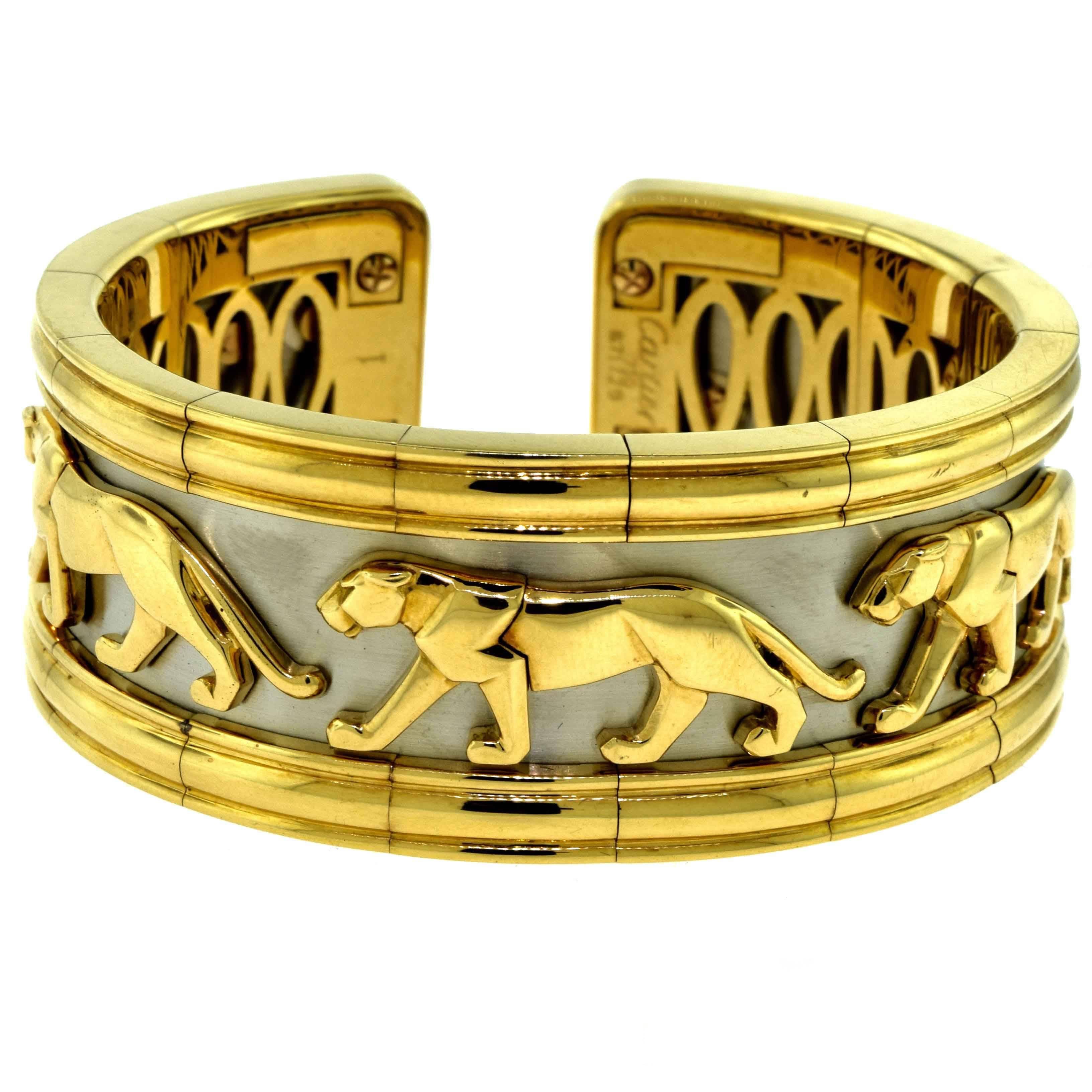 Estate Cartier Walking Panther "Pharaon" 18 Karat Yellow & White Gold Wide Cuff For Sale