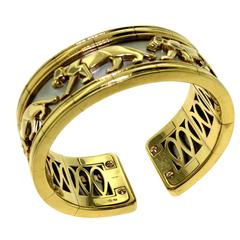 Estate Cartier Walking Panther "Pharaon" 18 Karat Yellow & White Gold Wide Cuff