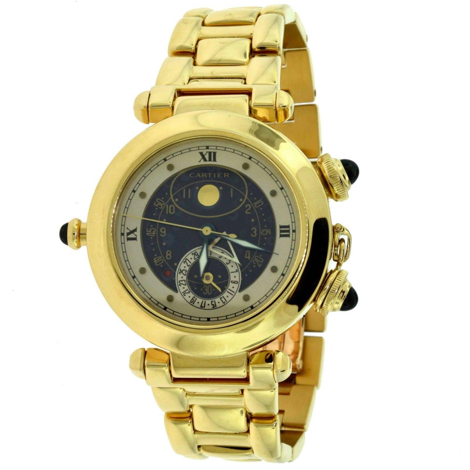 Cartier Pasha Gold Alarm Moon Phase Blue Dial Wristwatch Ref 30011 For Sale