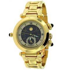 Cartier Pasha Gold Alarm Moon Phase Blue Dial Wristwatch Ref 30011