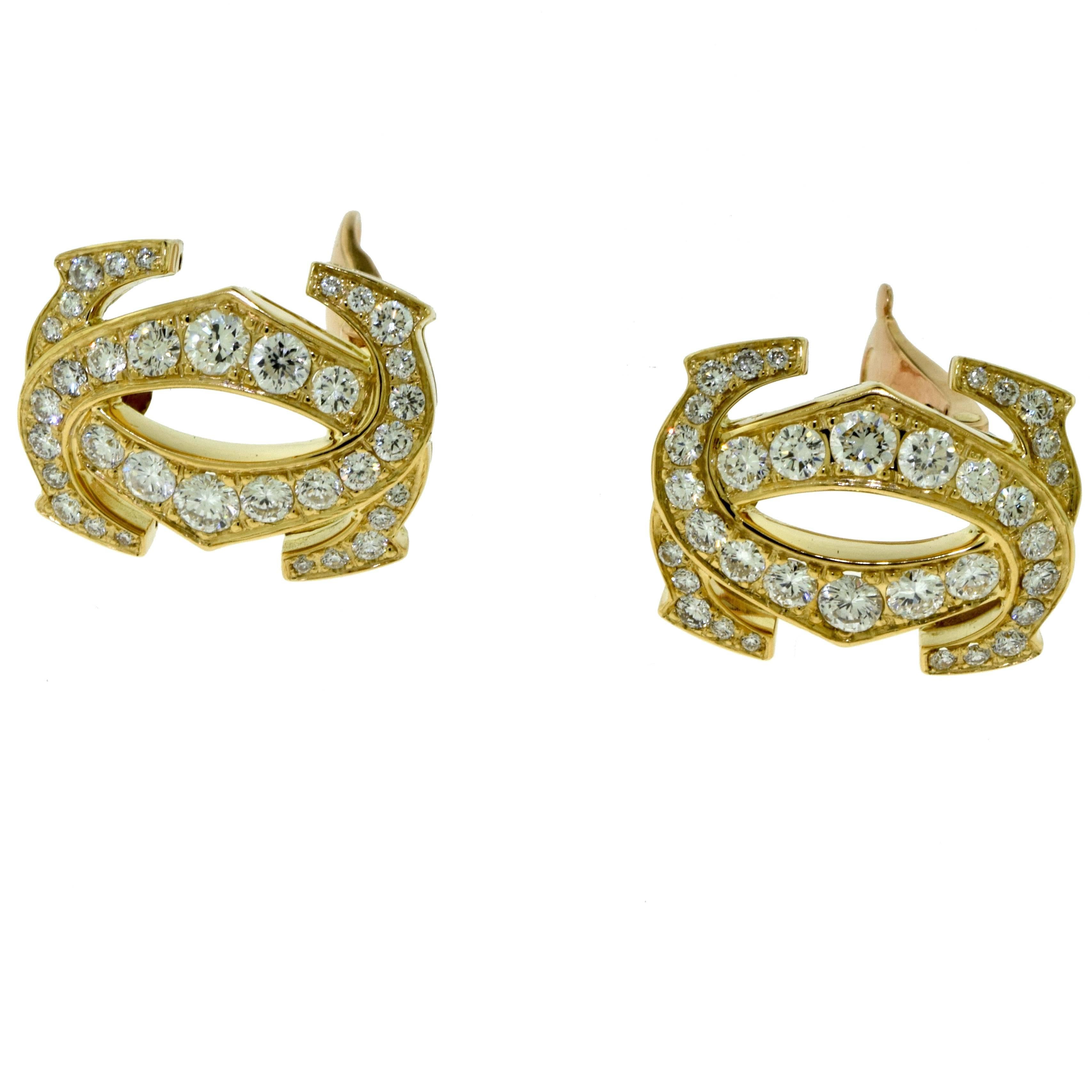 Women's or Men's Cartier Signature Double-C 18 Karat Yellow Gold Diamond Clip on Earrings For Sale
