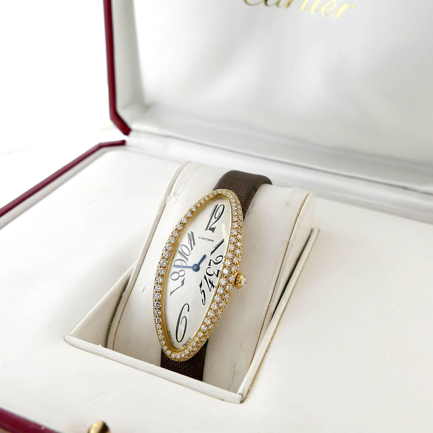 Cartier Ladies Yellow Gold Diamond Baignoire Allongee Mechanical Wristwatch In Excellent Condition In Miami, FL